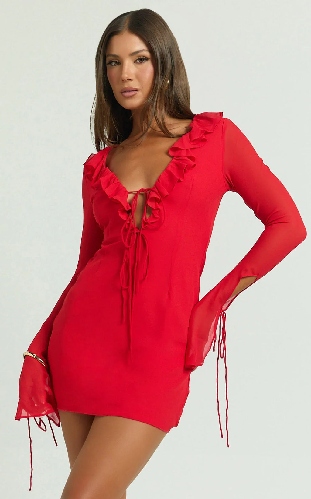 Alesya Mini Dress - Ruffle Plunge Neck Long Sleeve Tie Detail Dress In Red