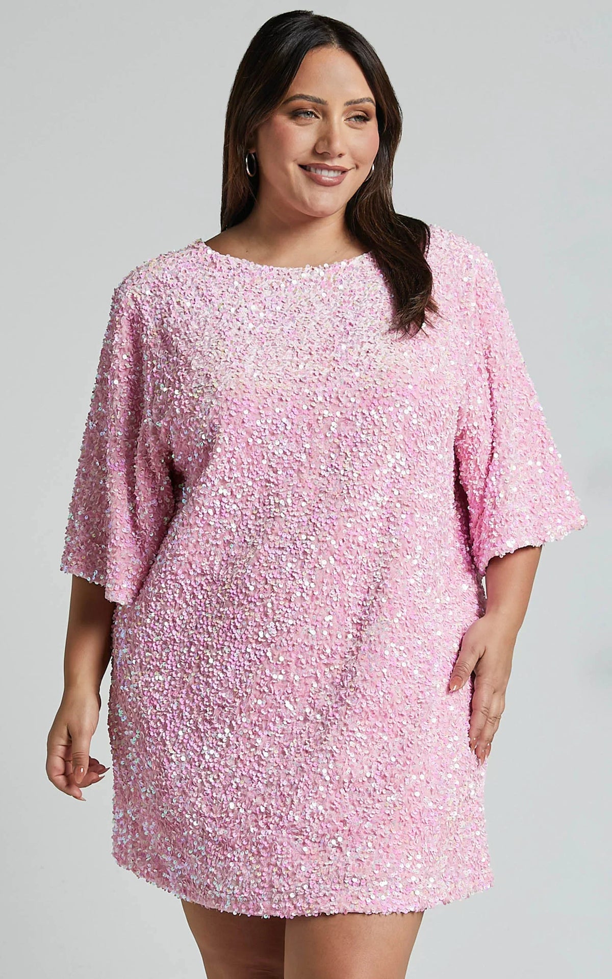 Valetta Mini Dress - Sequin Low Back Shift Dress In Pink Sequin