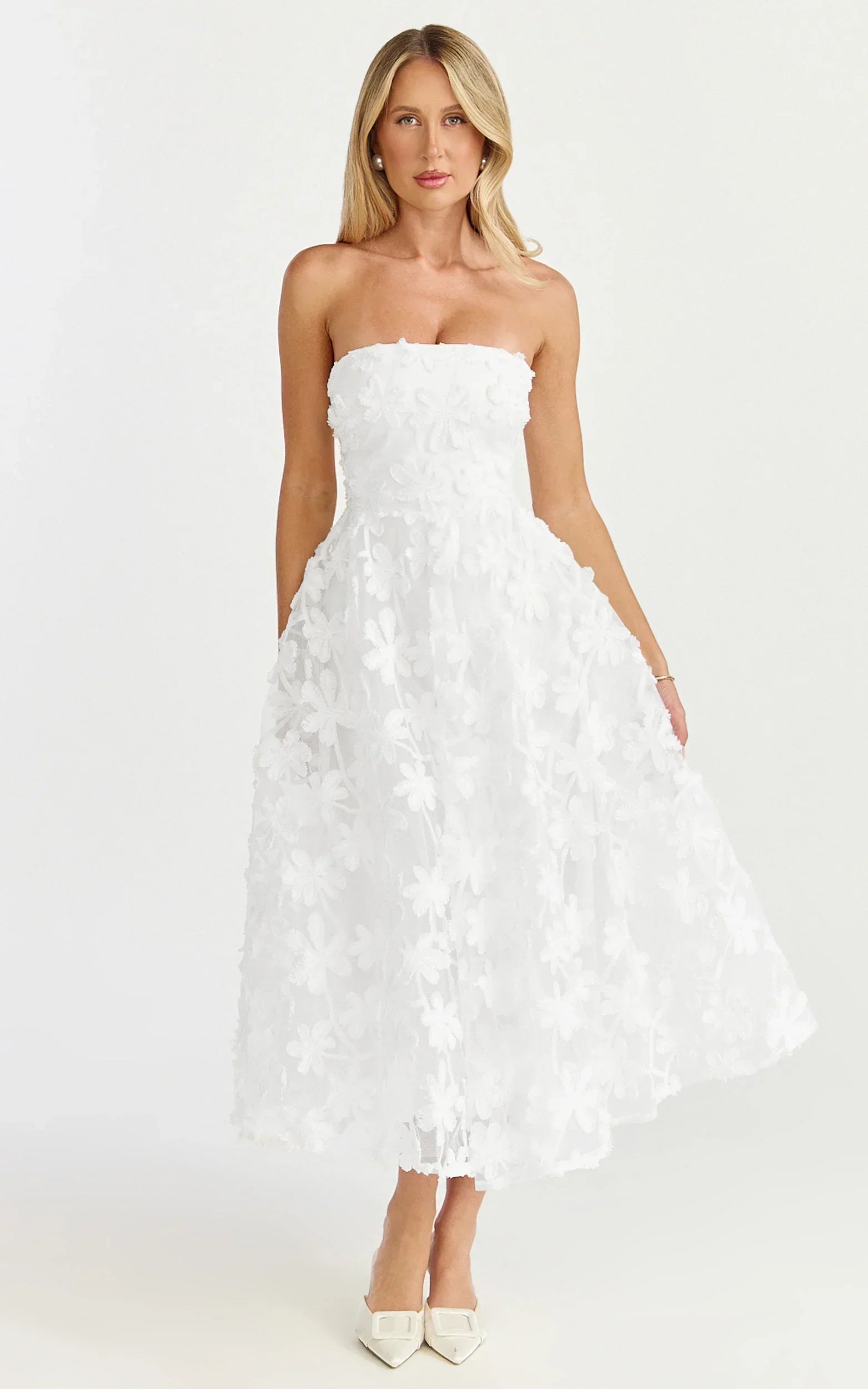 Rheiva Midi Dress - Strapless 3D Embroidery Midi Dress In White