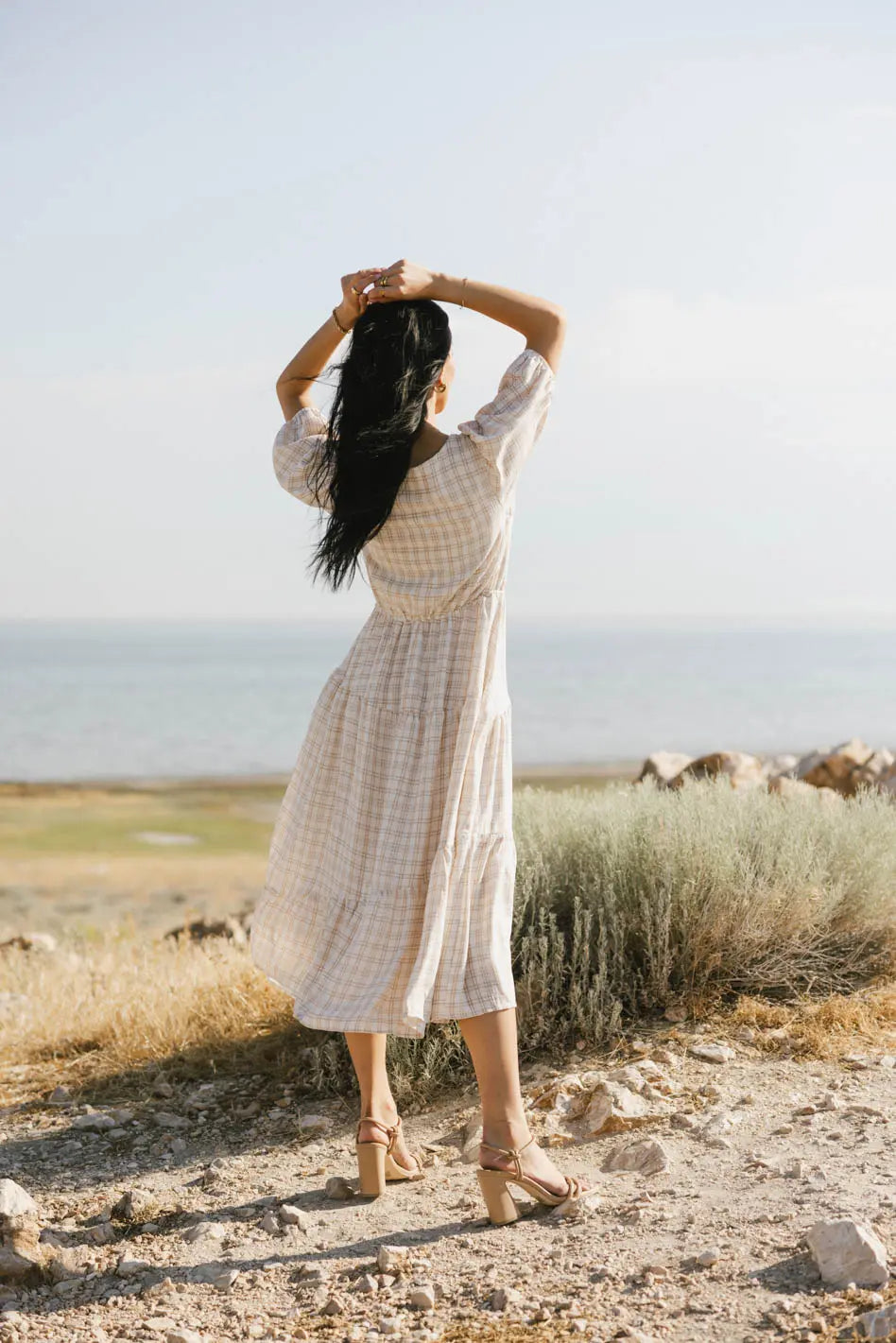 Melina Plaid Midi Dress In Taupe Final Sale