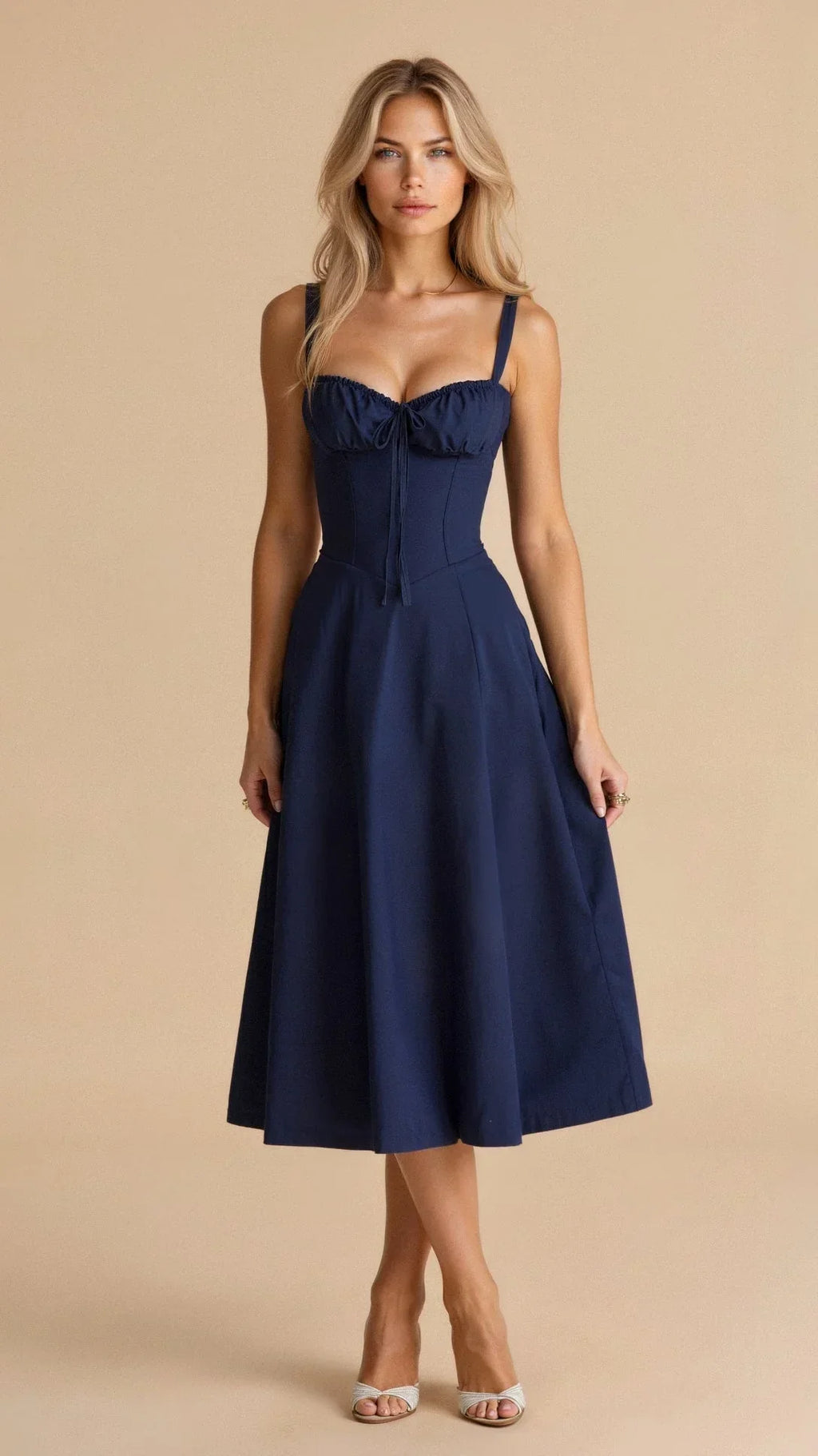 Corset Midi Dress – Tailored Waist And Flowing Skirt
