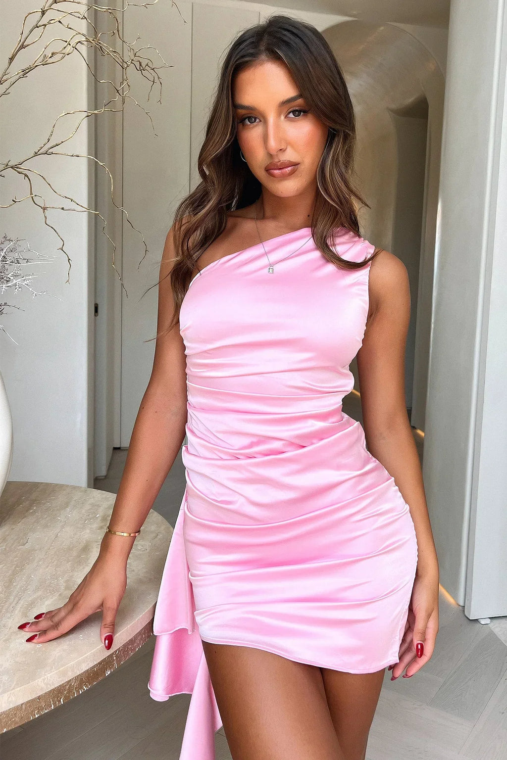 Saloni One Shoulder Mini Dress - Pink