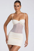 Sheer Panelled Ruched Mini Dress In Ivory