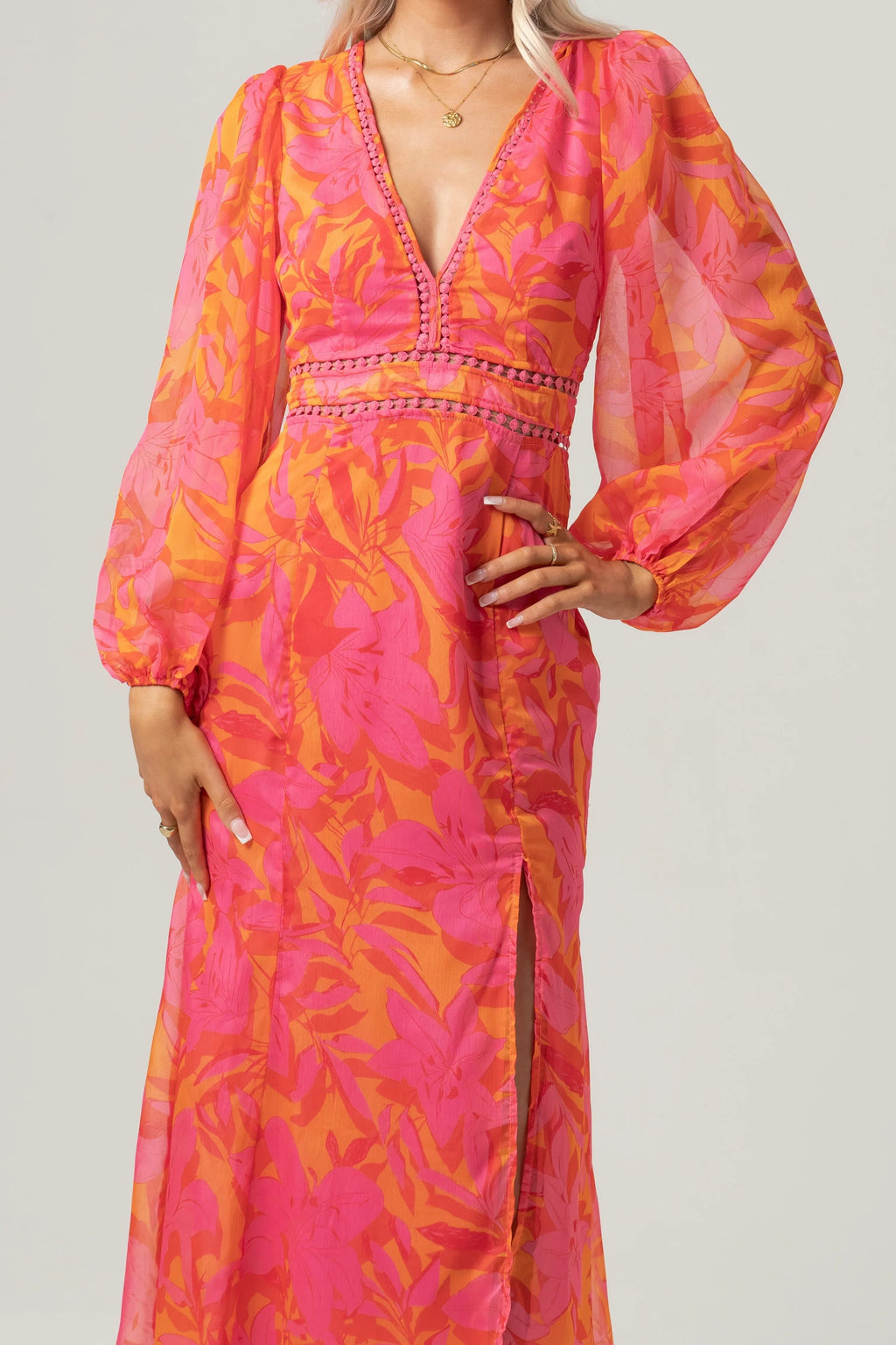 Pia Pink Print Midi Dress With Billowed Sleeves
