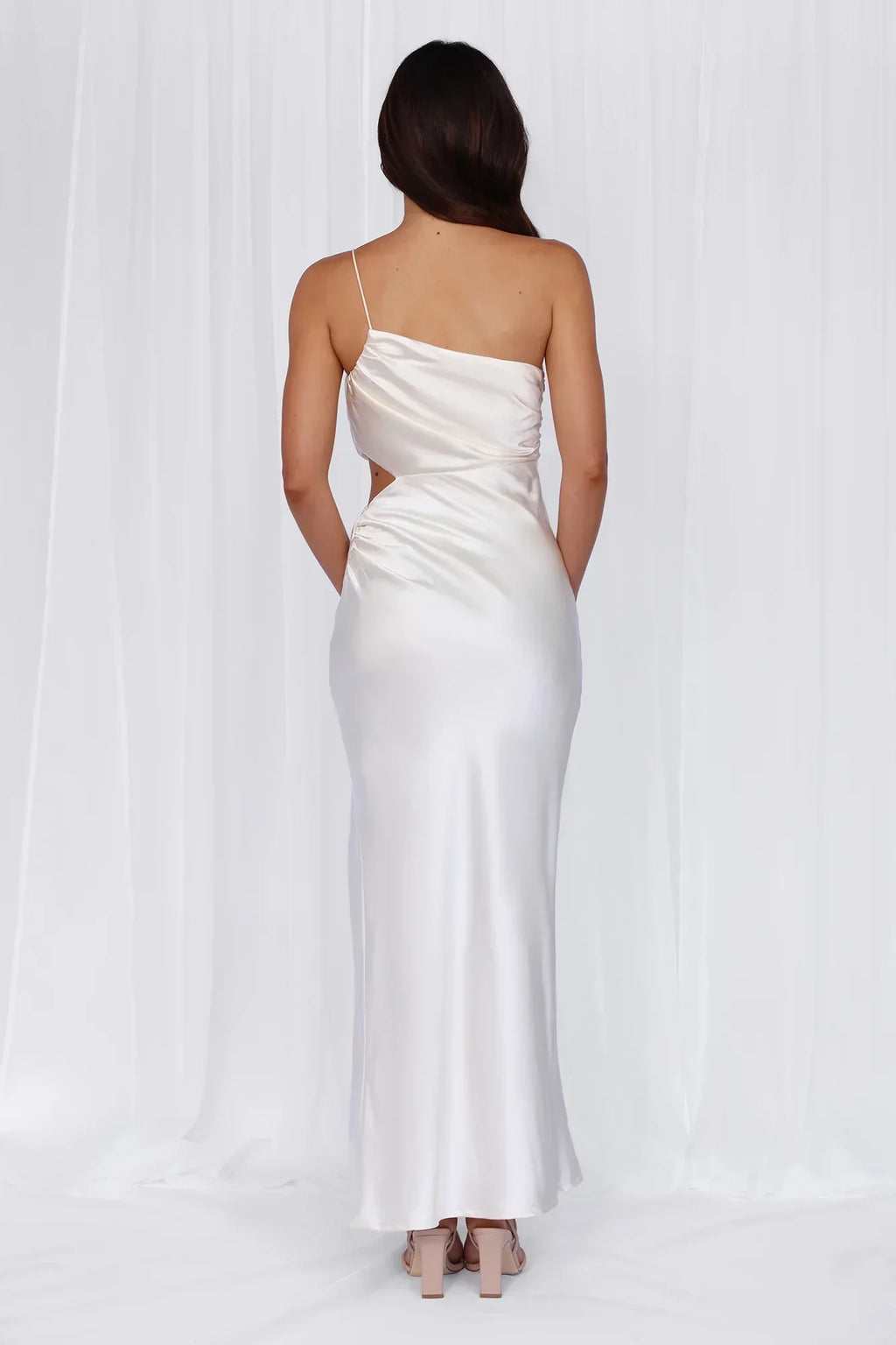HELLO MOLLY The Opal One Shoulder Satin Maxi Dress Pearl