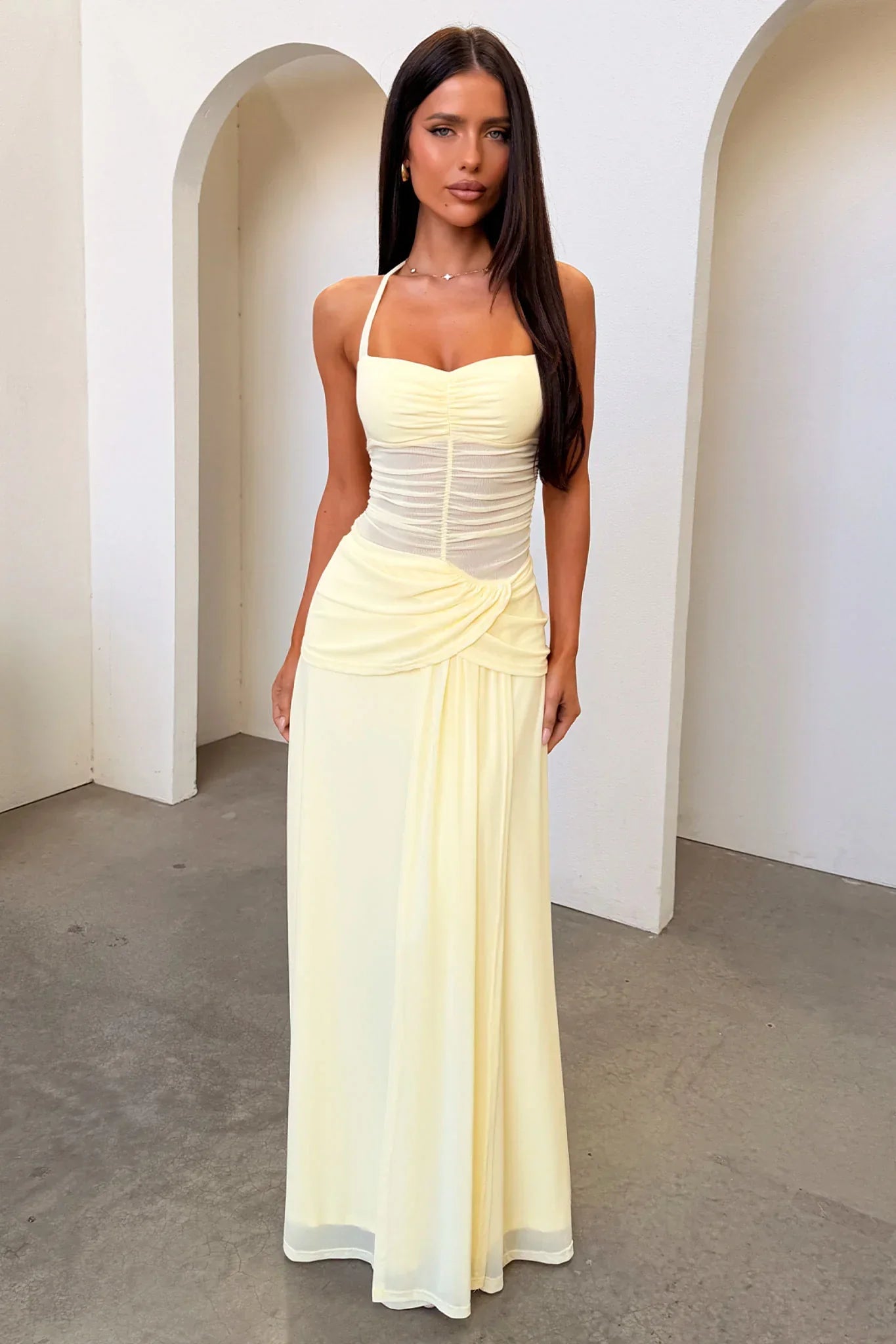 Gabrielle Halterneck Mesh Maxi Dress - Yellow