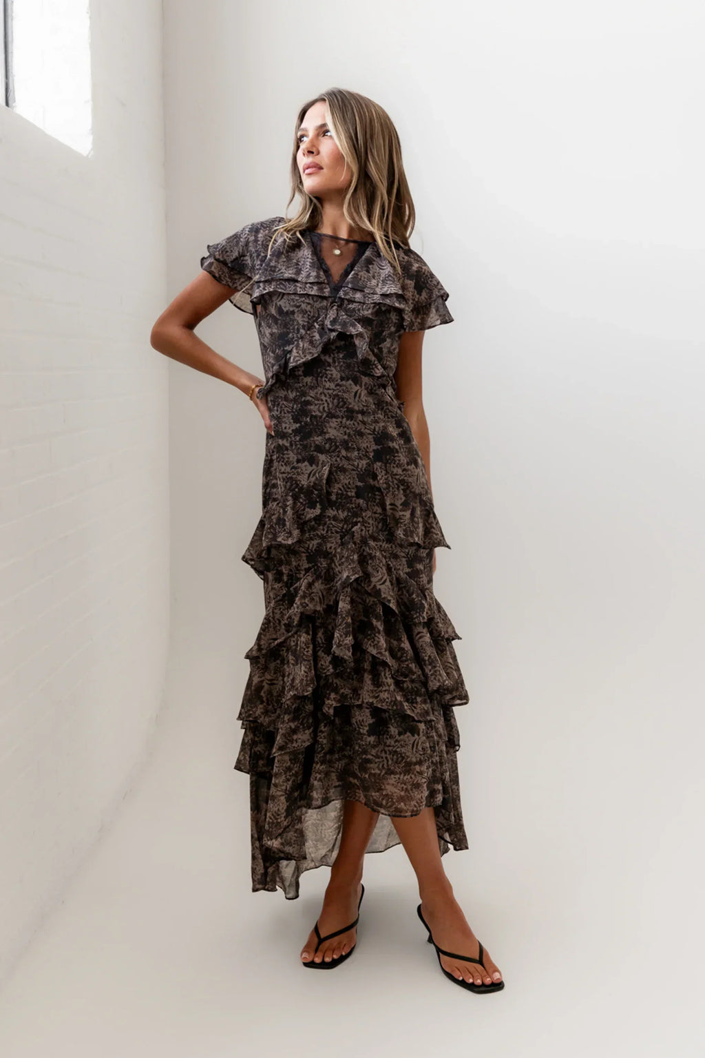 James Ruffle Maxi Dress In Grey