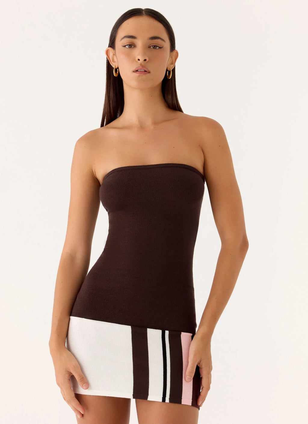 Straight Lines Knit Mini Dress Brown