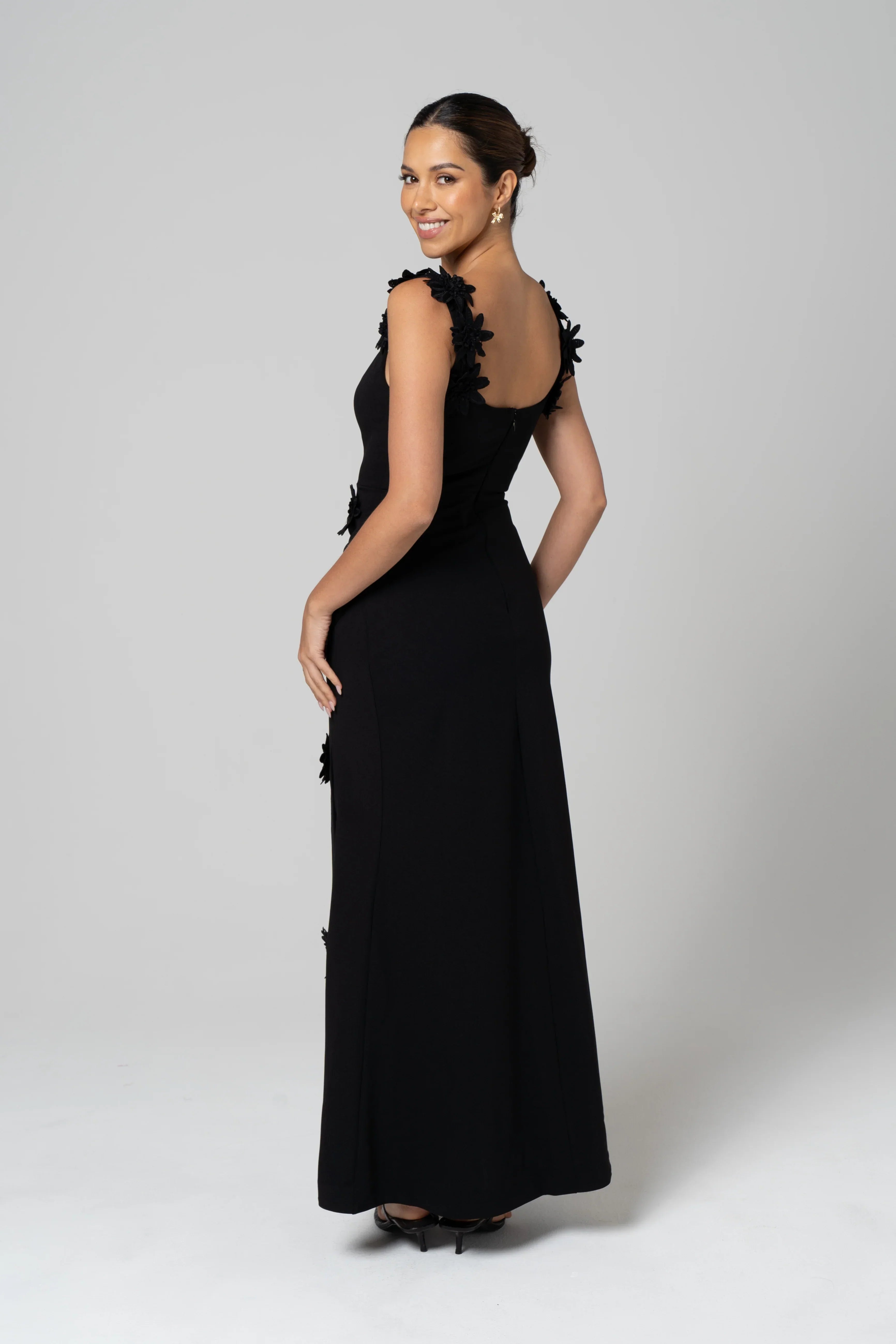 Luciana Black Maxi Dress With 3D Flowers