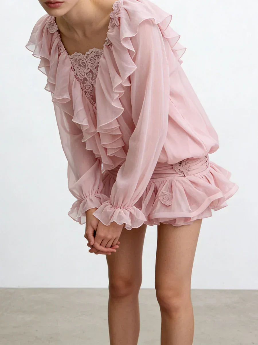 Ruffles Long Sleeve Mesh Mini Dress