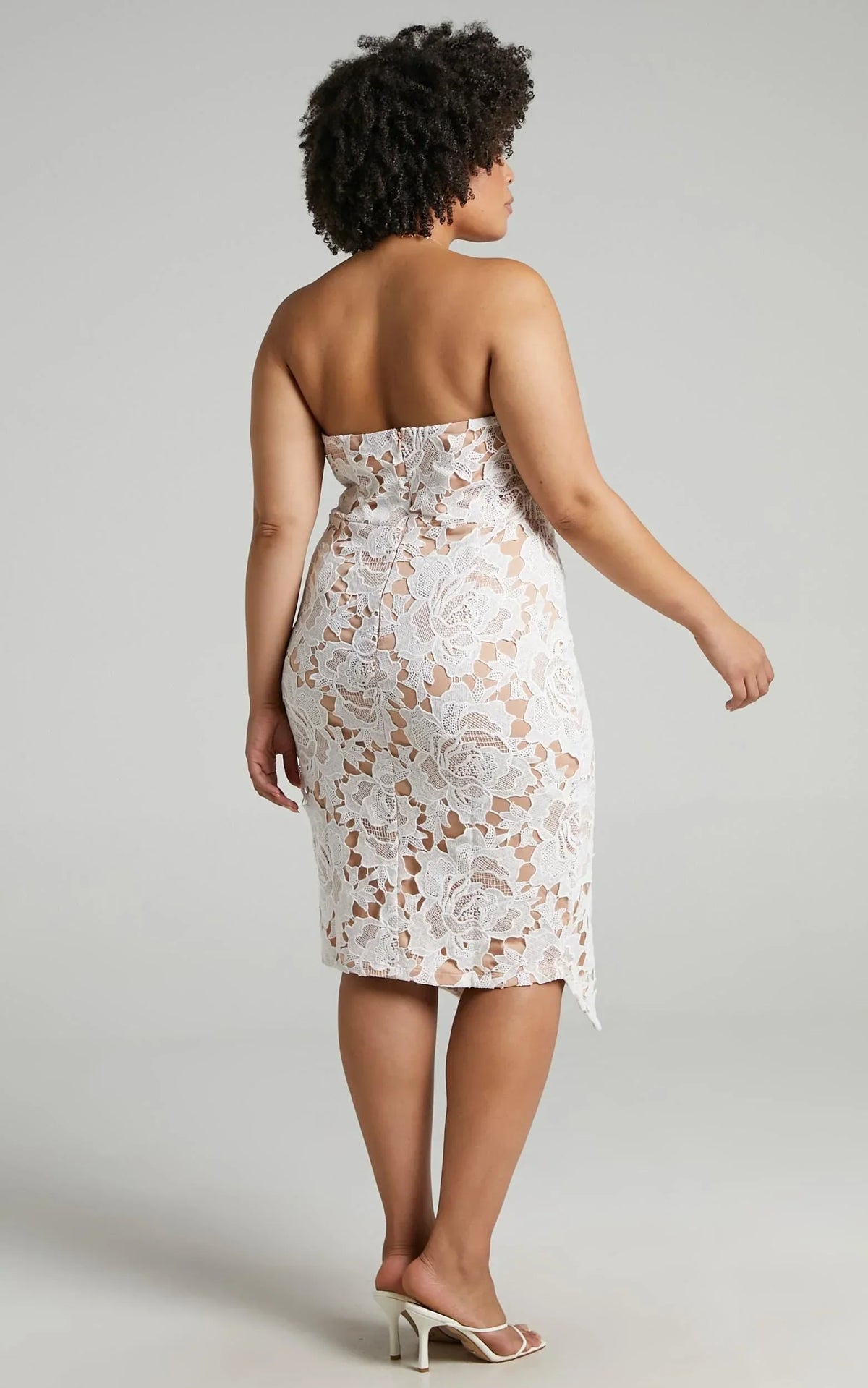 Lace To Lace Midi Dress - Strapless Bodycon Dress in White Lace