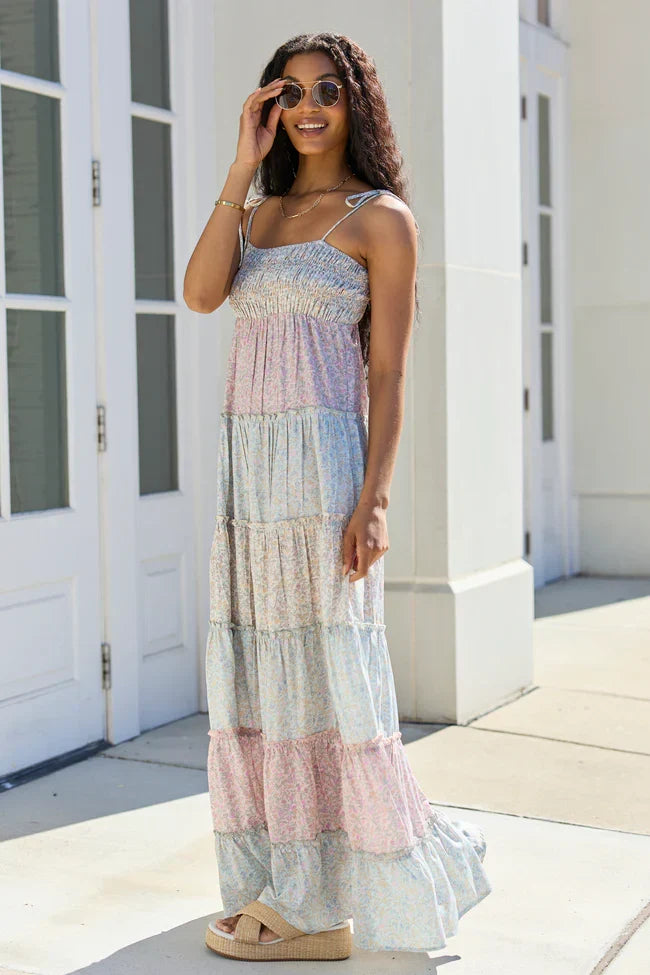 Essie Tiered Pastel Floral Tiered Maxi Dress