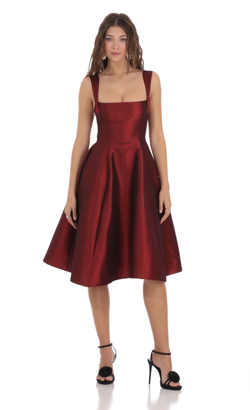 Square Neck Flare Midi Dress in Maroon