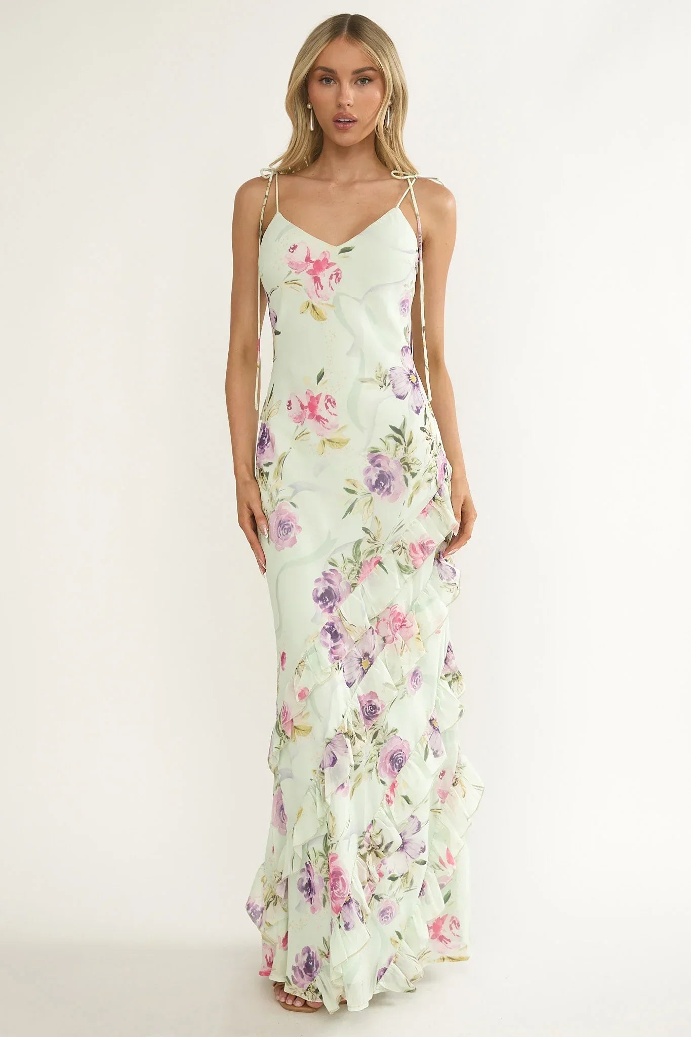 Dreamy Day Ruffle Trim Maxi Dress Mint Floral