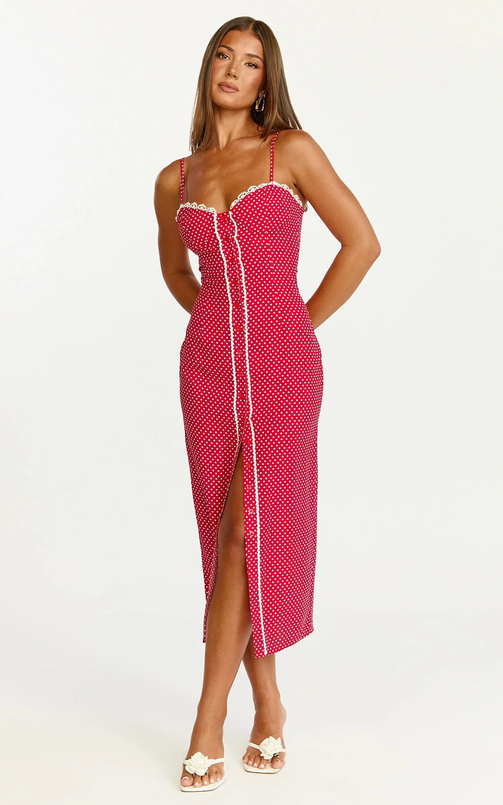 Camille Midi Dress - Button Front Bustier Lace Trim Fitted Dress In Red
