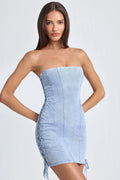 Bandeau Lace-Up Mini Dress In Light Blue Stonewash