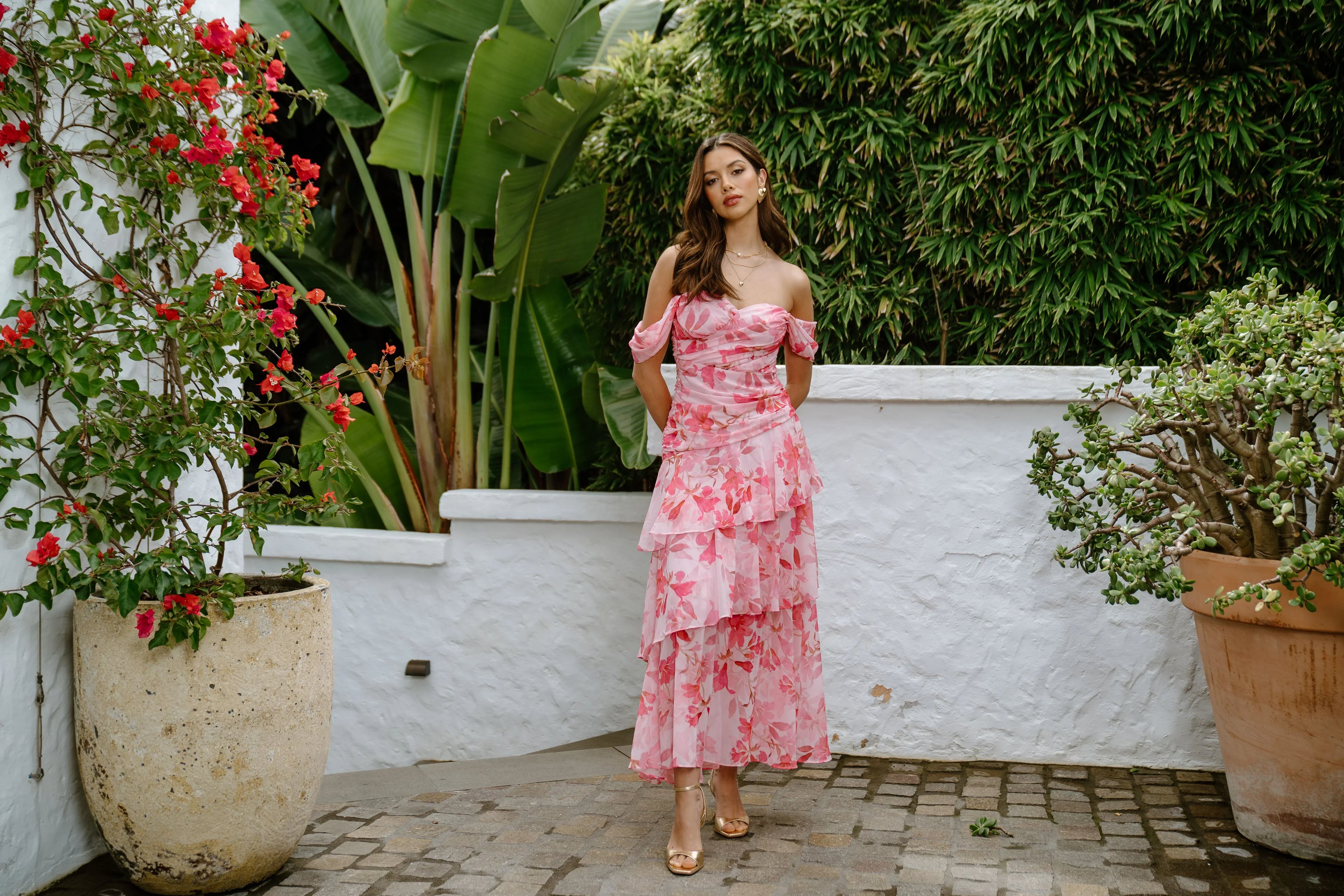 Jenna Drop Shoulder Pink Floral Maxi Dress