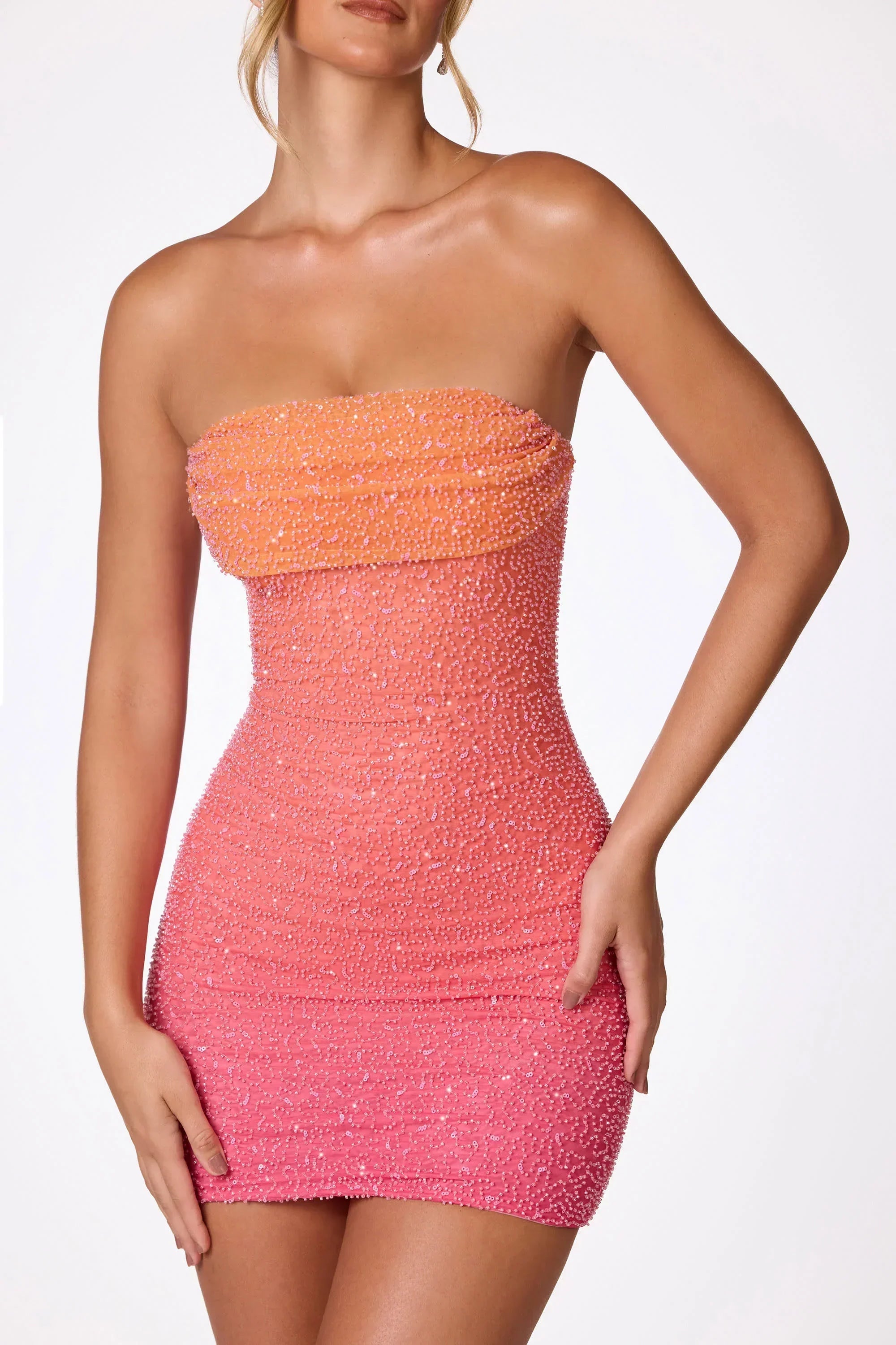 Embellished Strapless Mini Dress In Red And Orange Ombré