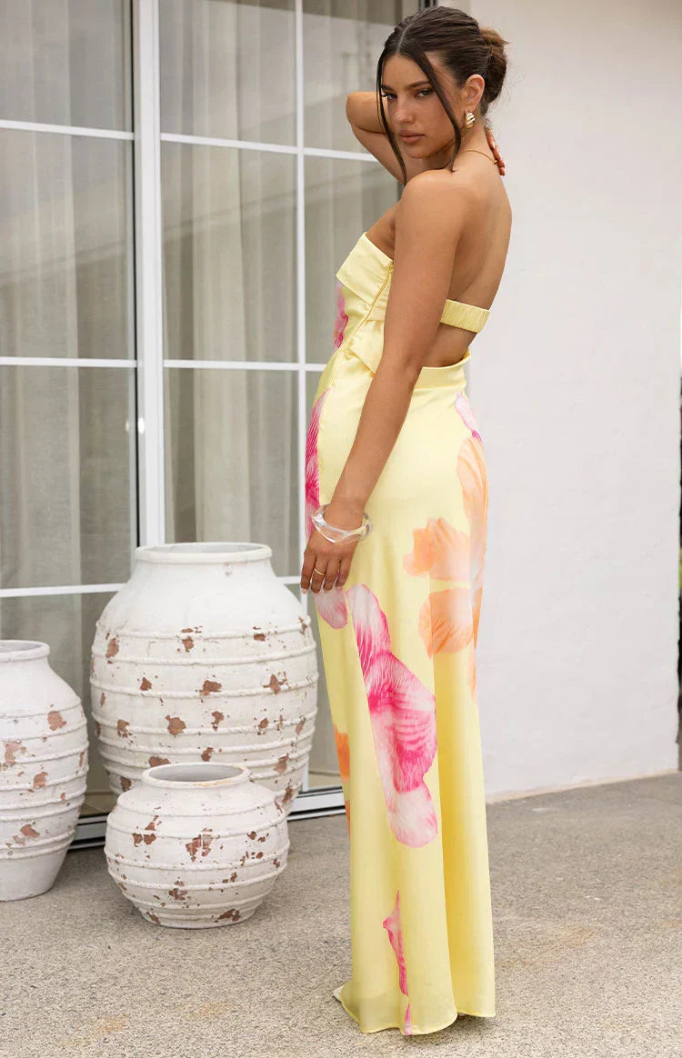 Maiah Yellow Hibiscus Floral Print Maxi Dress