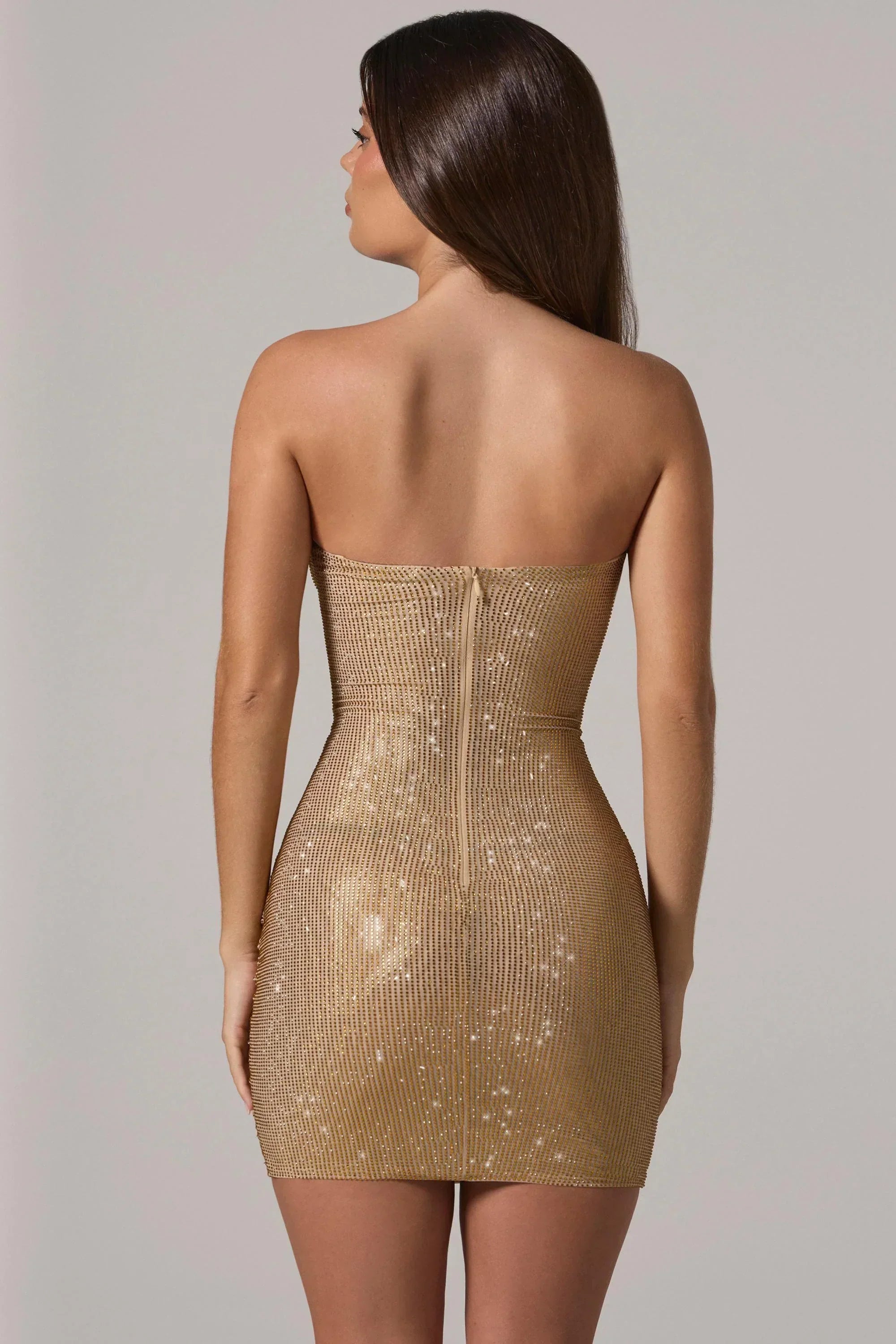 Embellished Bandeau Cowl-Waist Mini Dress In Gold