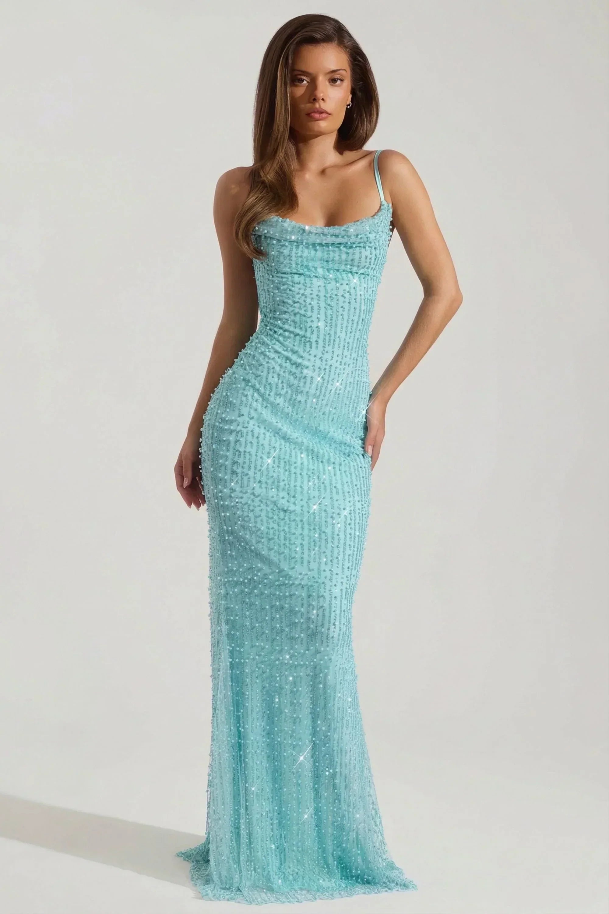 Embellished Cowl-Neck Backless Maxi Dress in Aqua Blue