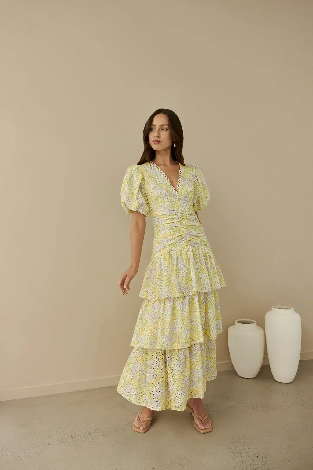 Corinna Tiered Maxi Dress Lemon