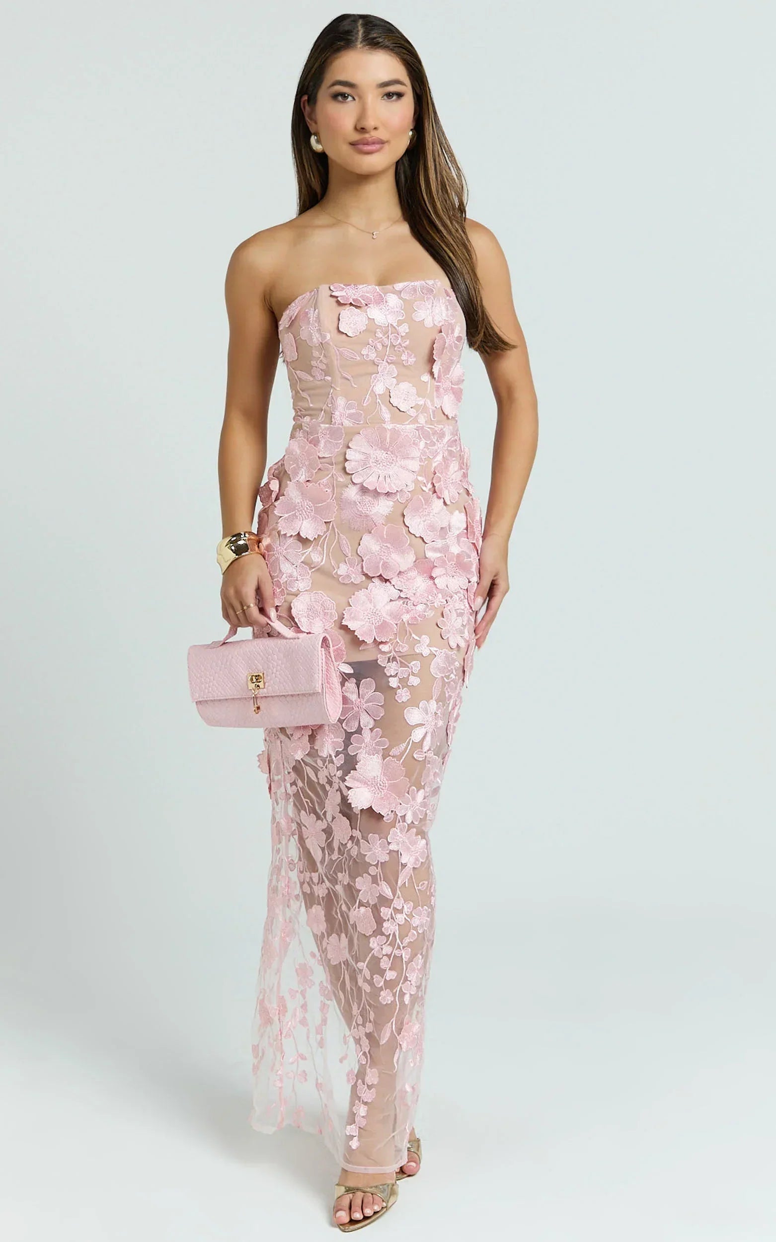 Sienna Maxi Dress - 3D Floral Strapless Column Dress In Pink