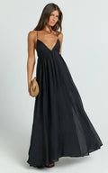 Kourtney Maxi Dress - Plunge V Neck Fit And Flare Dress In Black