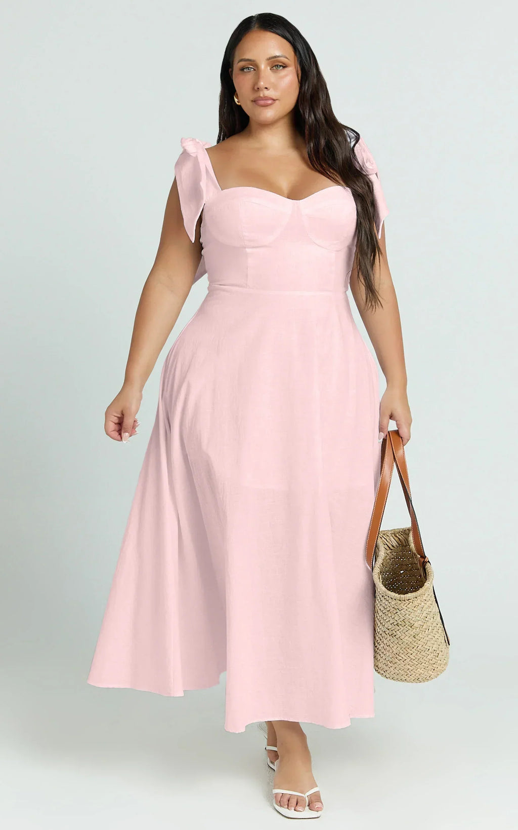 Tymia Midi Dress - Shoulder Tie Bustier Shirred Back A Line In Pink