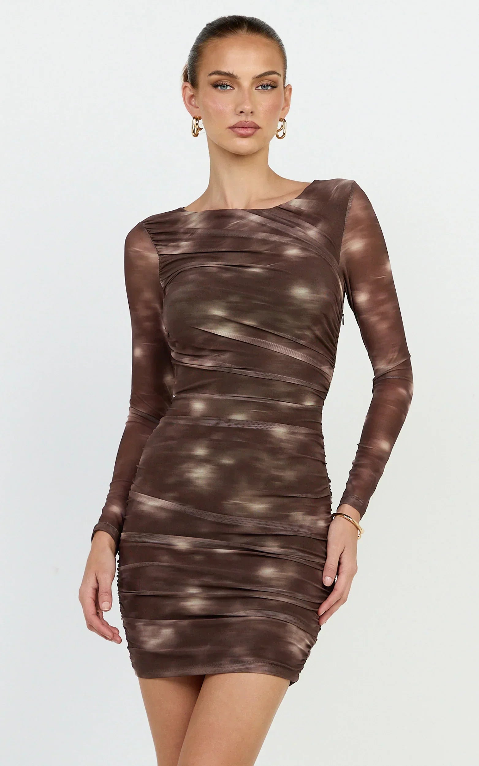 Zita Mini Dress - High Neck Long Sleeve Bodycon Mesh Dress In Chocolate Blurred Print