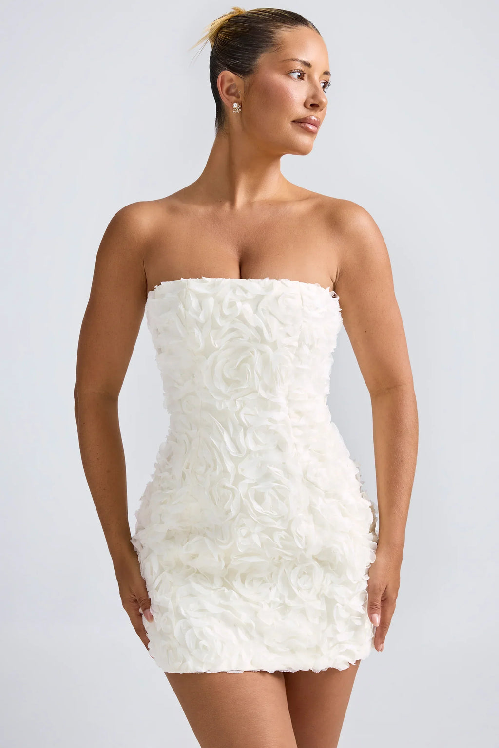 Floral-Appliqué Bandeau A-Line Mini Dress In White