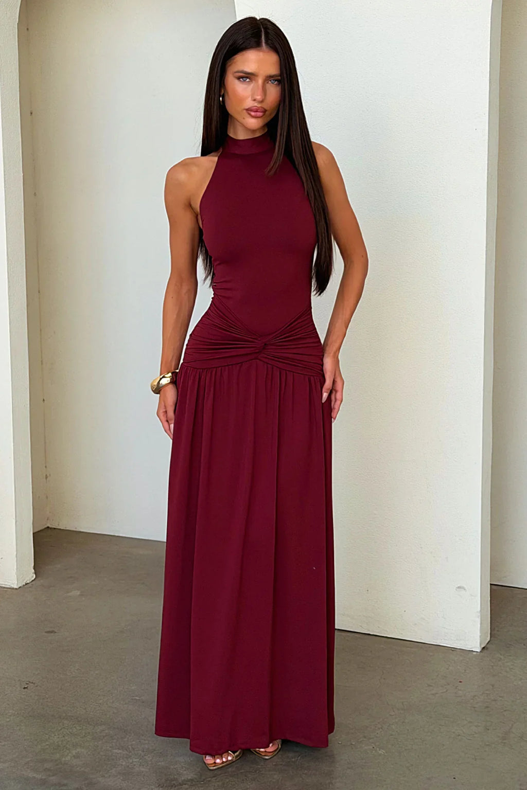Tallulah High Neck Maxi Dress - Burgundy