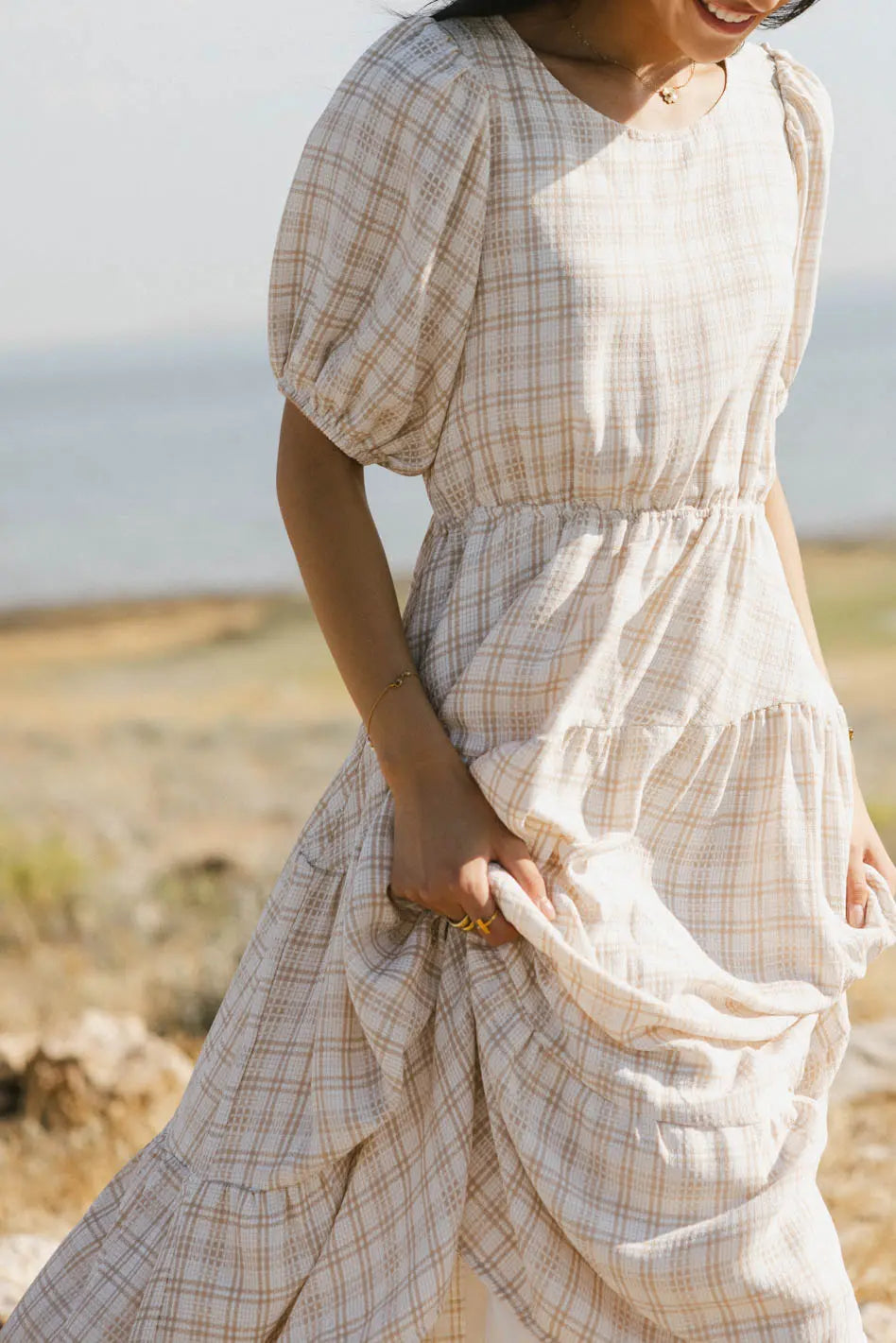 Melina Plaid Midi Dress In Taupe Final Sale