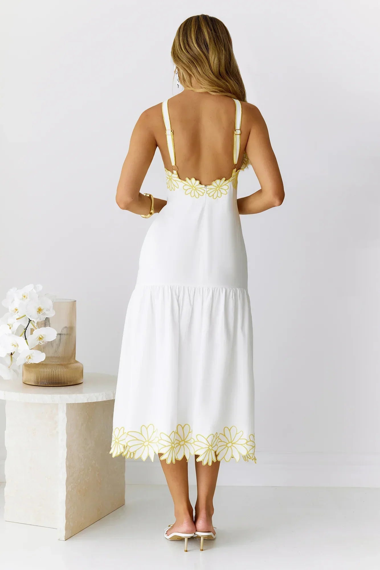 Golden Petals Midi Dress White