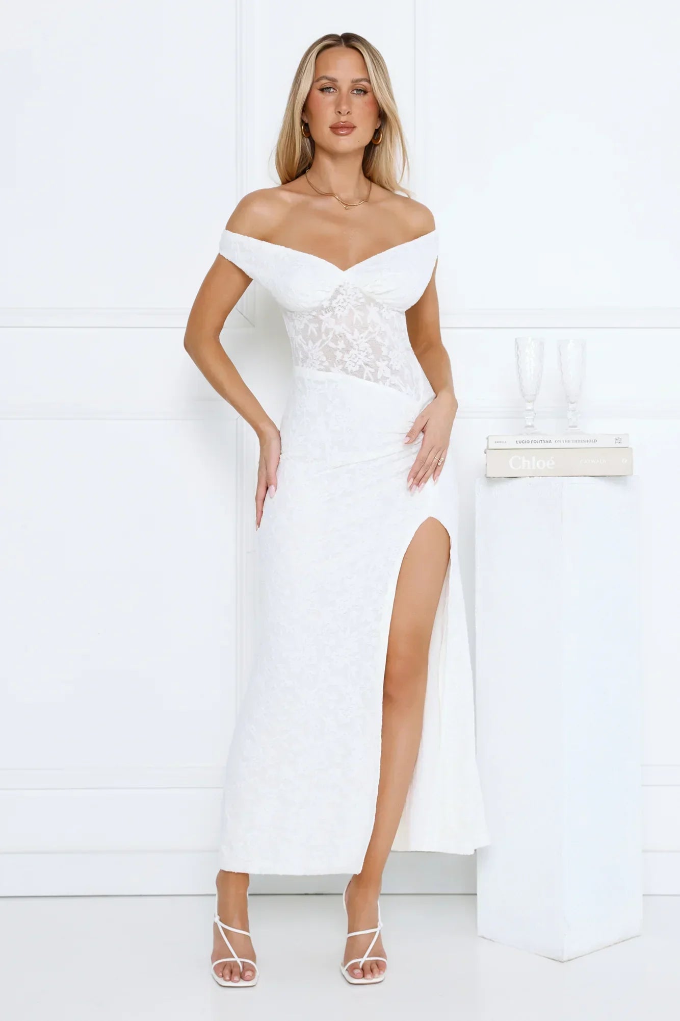 Ivory Veil Off Shoulder Lace Maxi Dress White