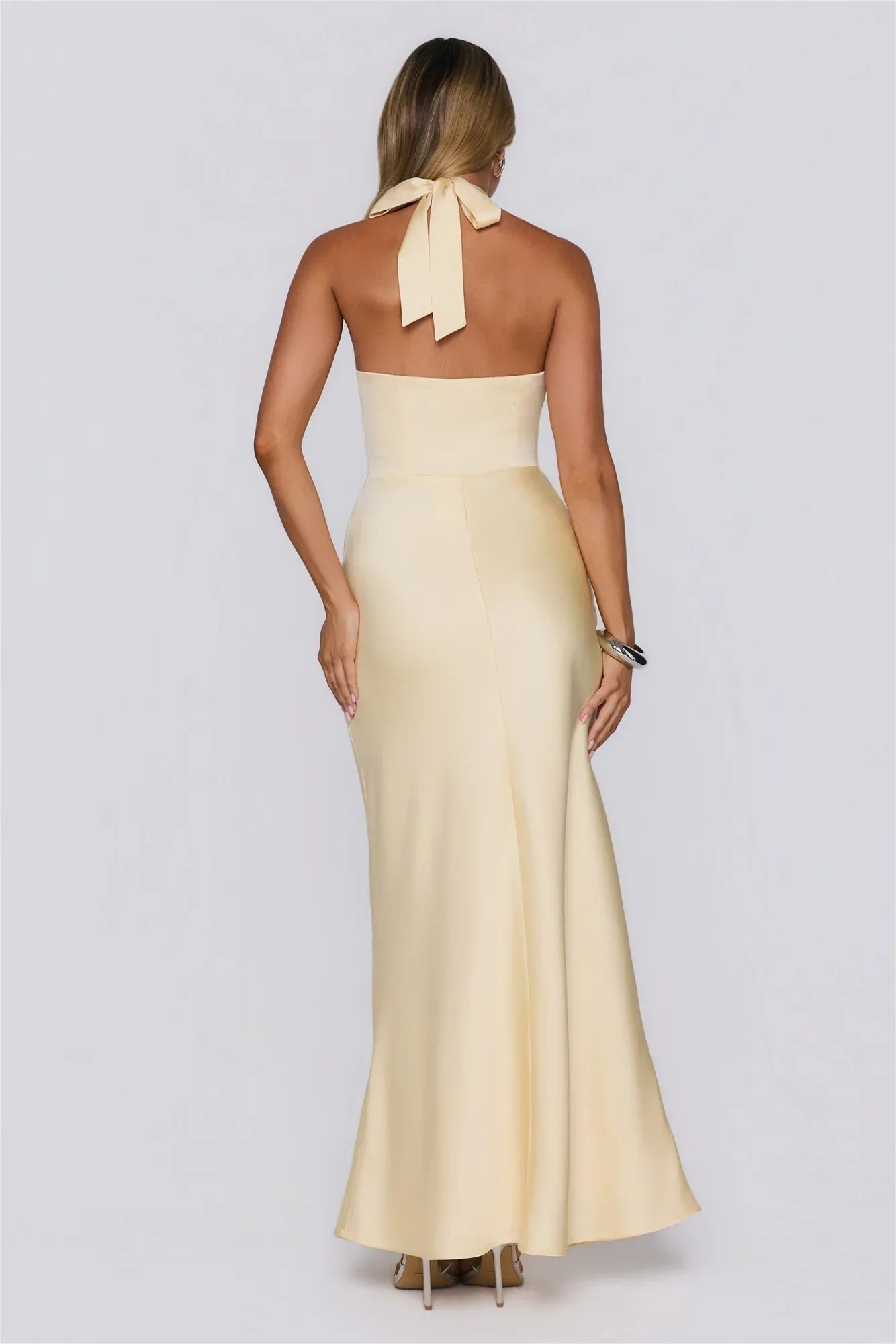 Pastel Horizons Halter Satin Maxi Dress Yellow