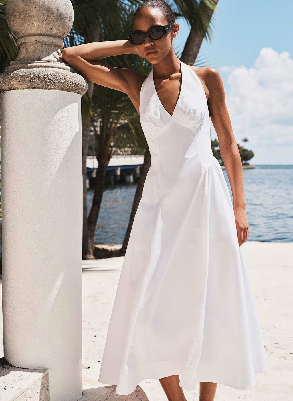 Cotton Poplin Halterneck Maxi Dress-Bright White