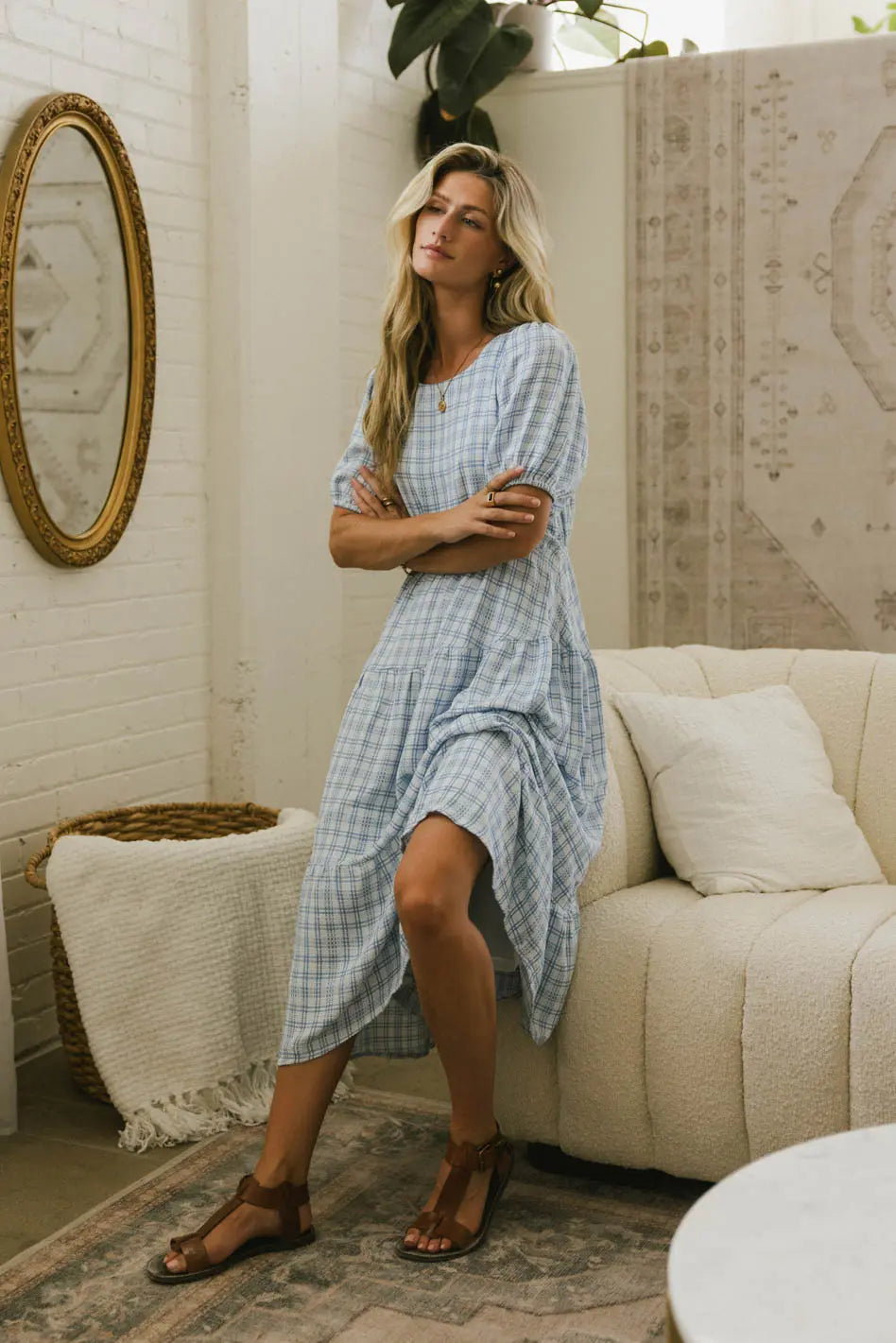 Melina Plaid Midi Dress In Blue Final Sale