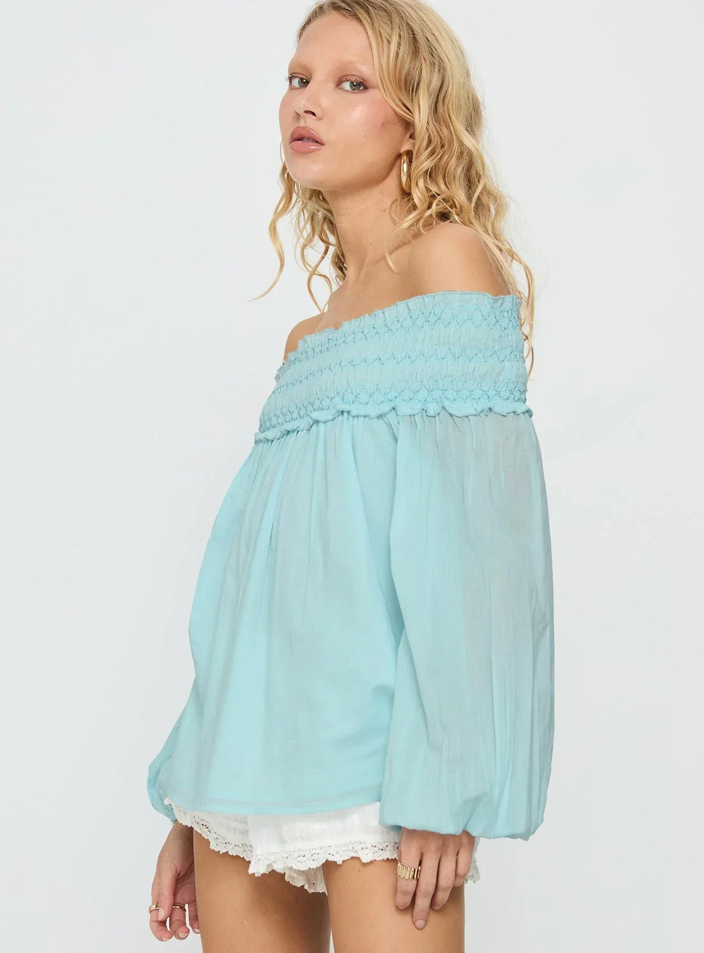 Heidy Off Shoulder Shirred Long Sleeve Top Blue