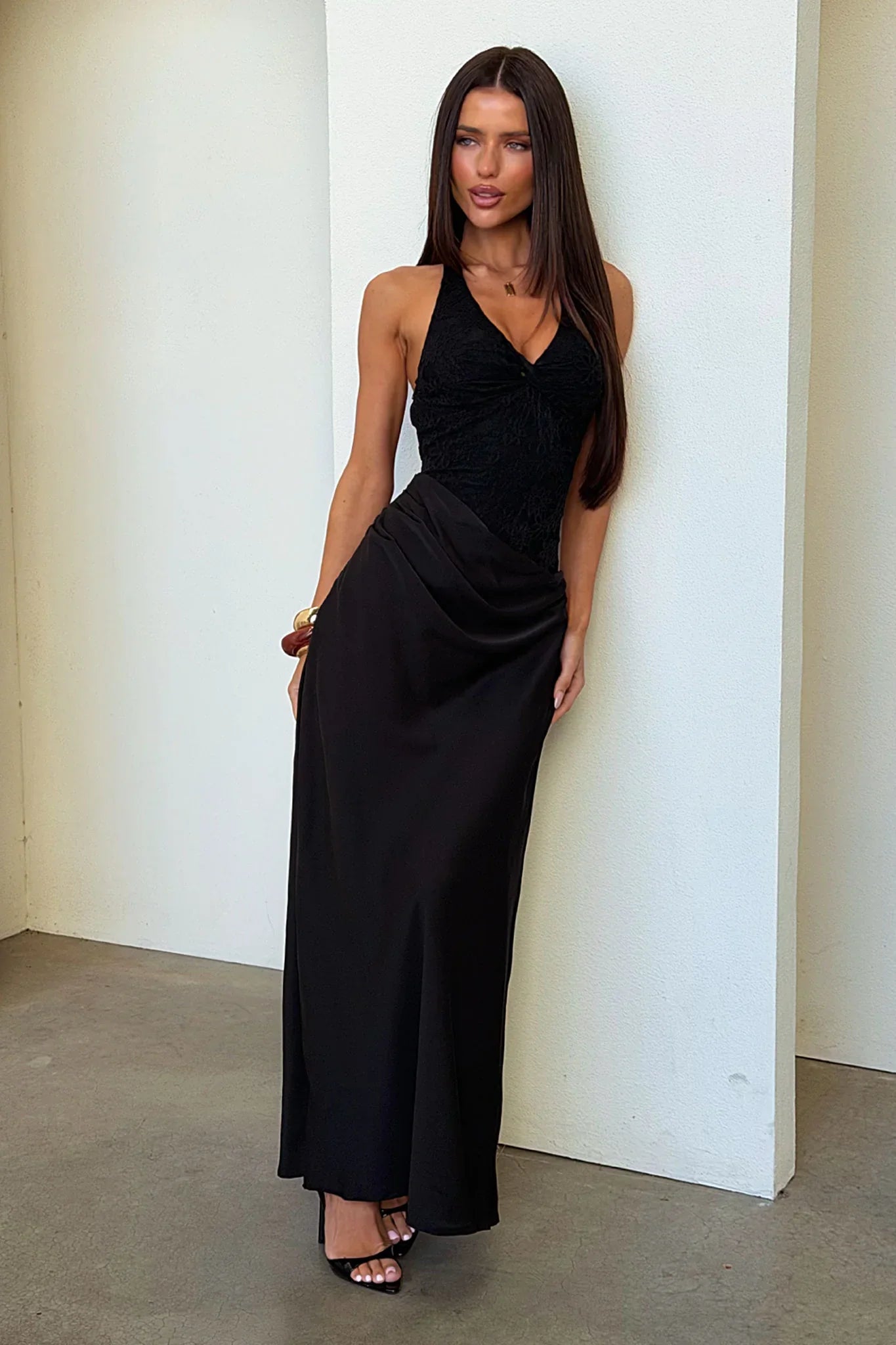 Sable Halter Neck Lace Maxi Dress - Black