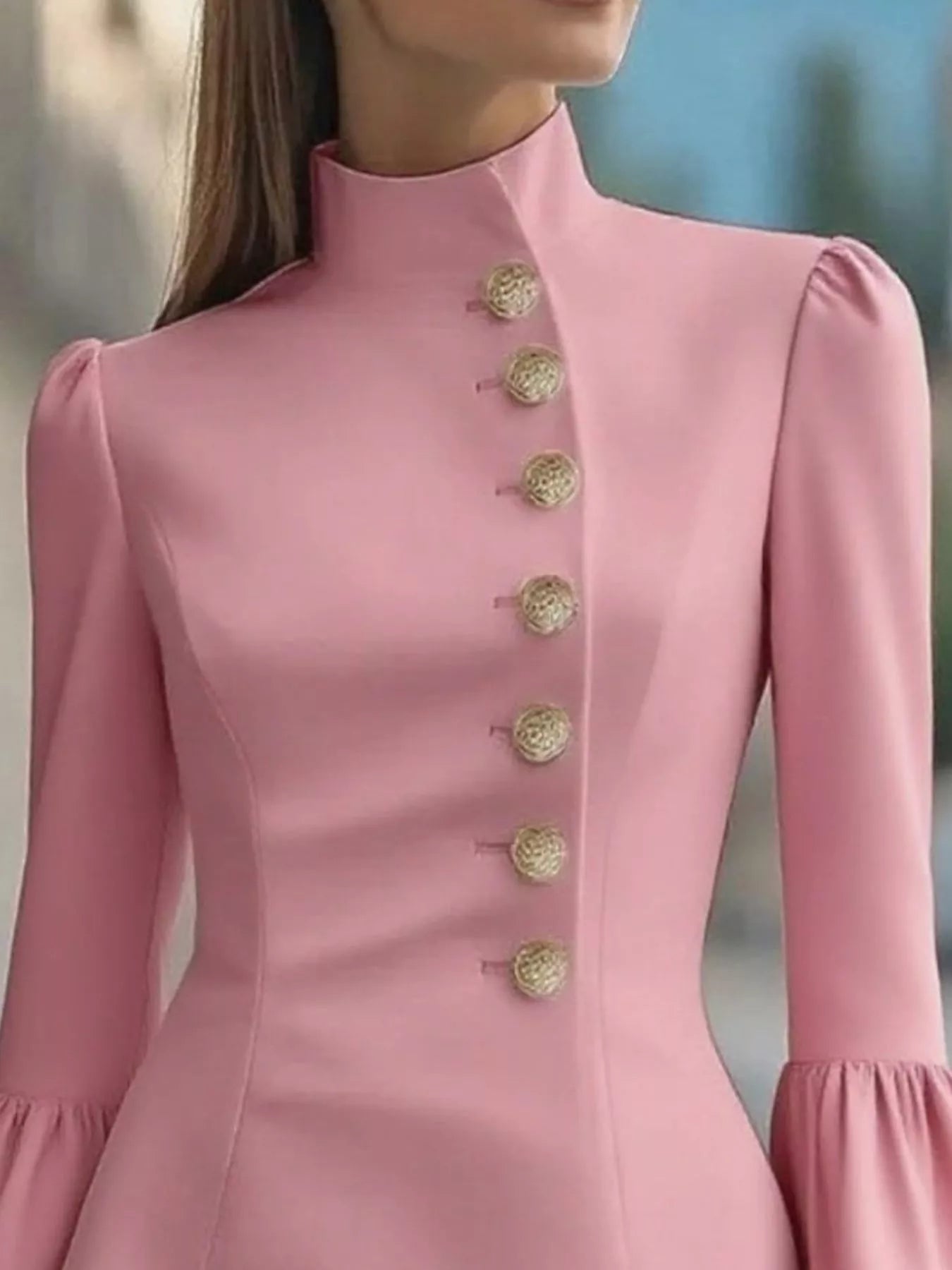 Bell Sleeve Mini Dress With Front Button