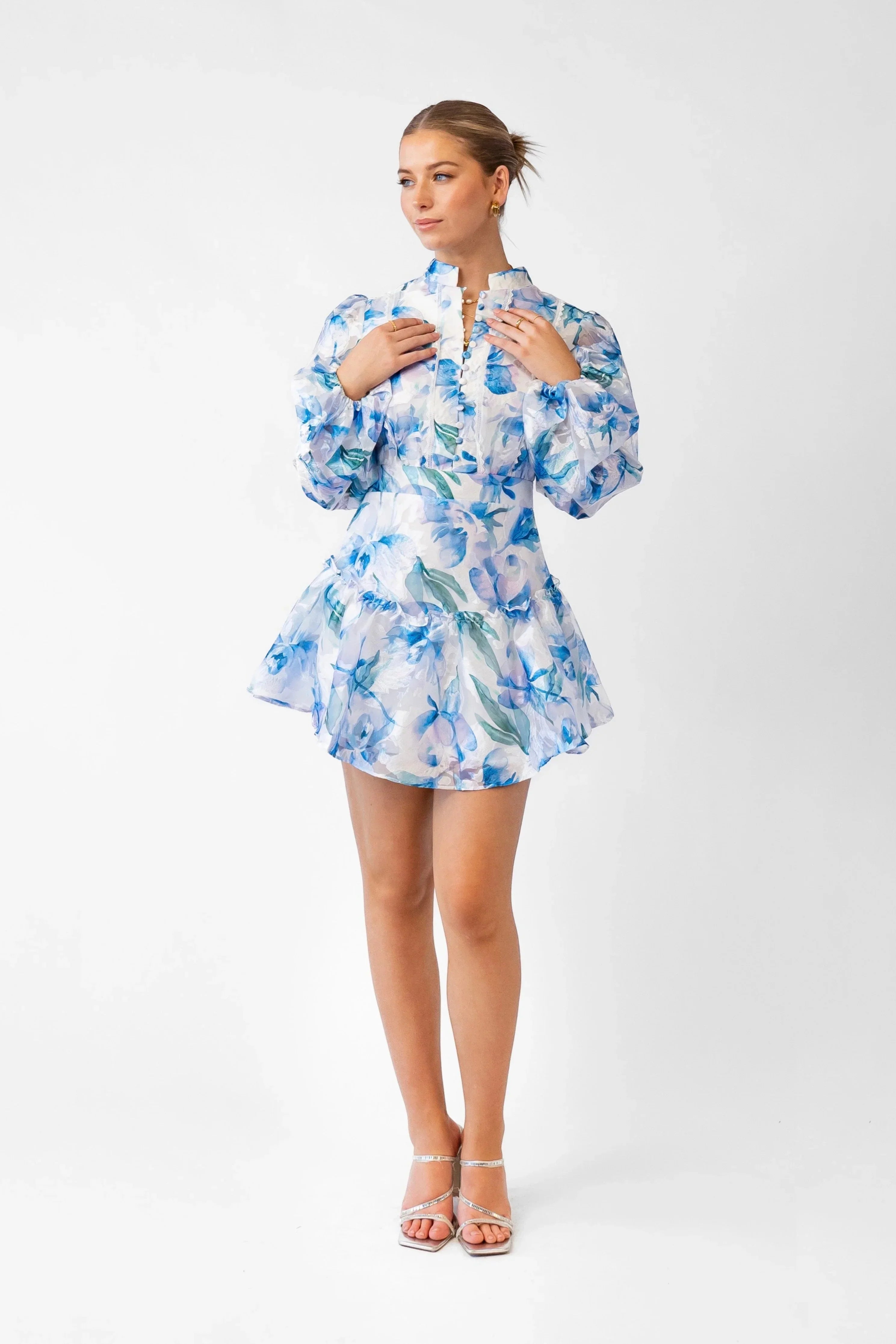 Hazel Blue Print Mini Dress With Long Sleeves