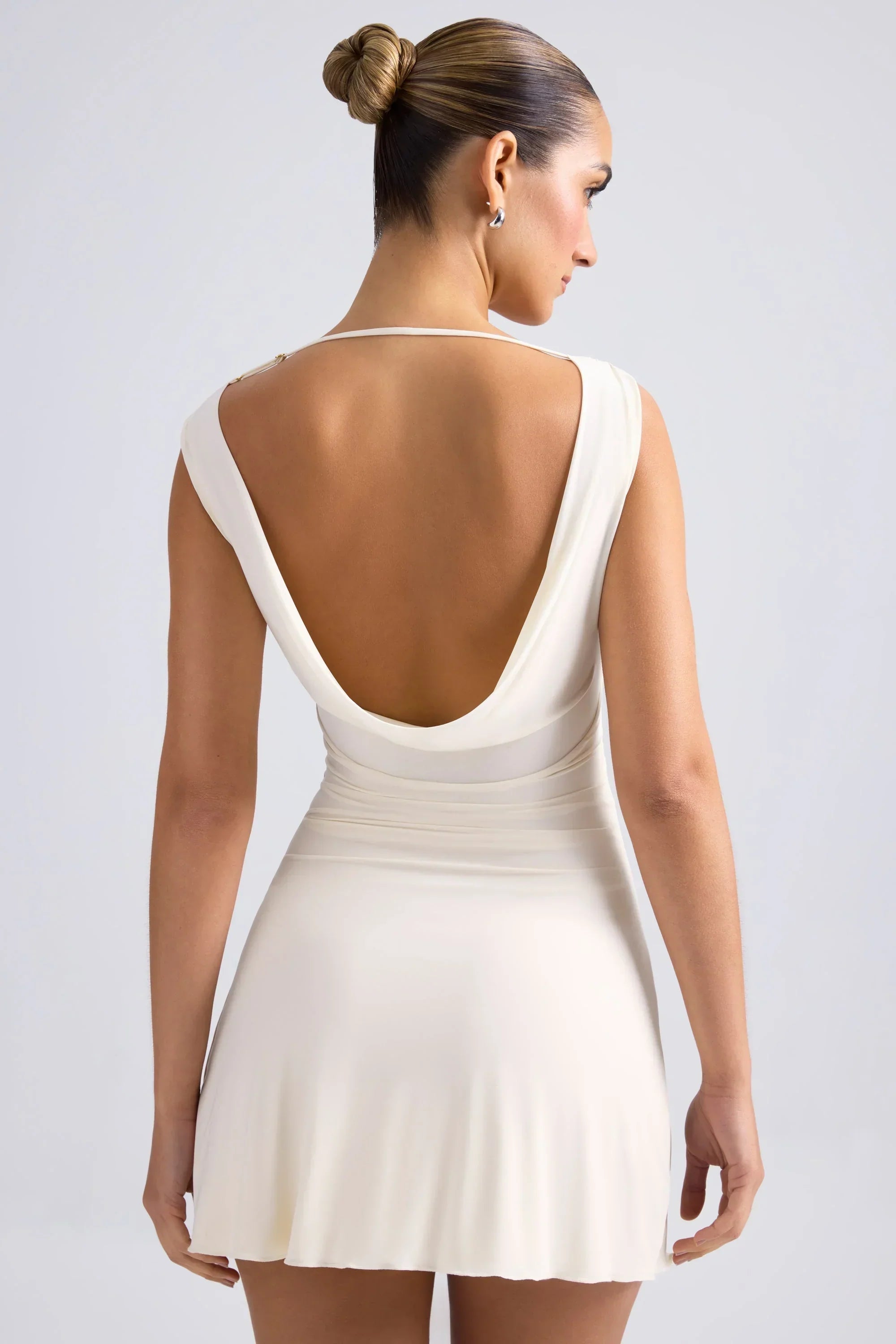 Off-Shoulder Cowl-Back A-Line Mini Dress In Ivory