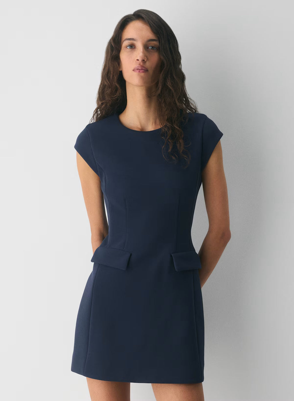 Crepe Crewneck Mini Dress With Cap Sleeves- Indigo Ink