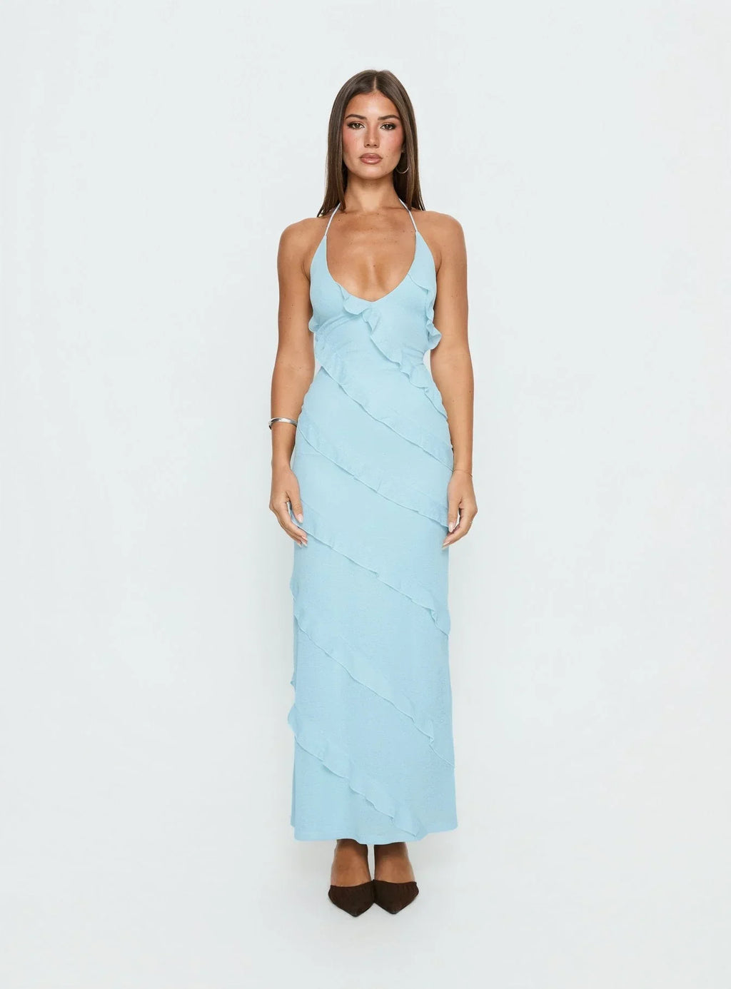 Adesta Frill Halter Maxi Dress Blue