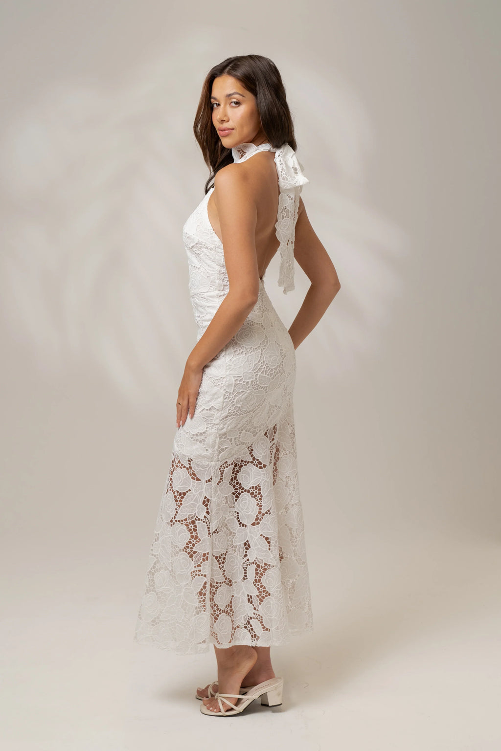 Georgia White High Neck Lace Midi Dress