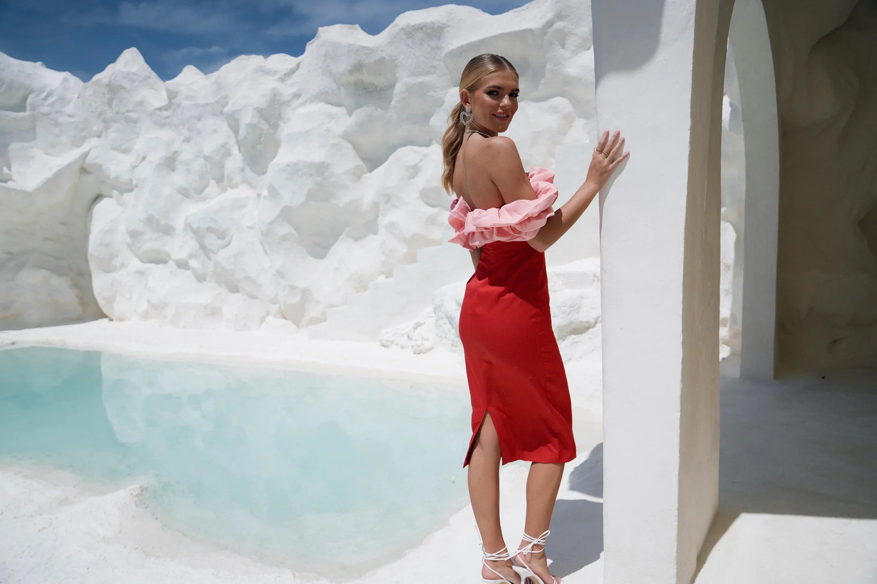 Veronica Strapless Midi Dress With Ruffle Details