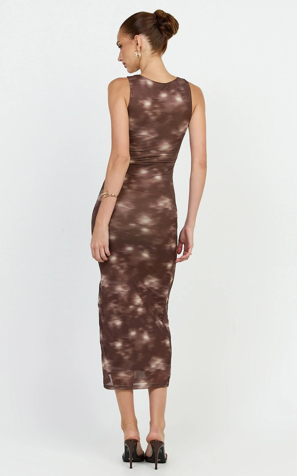 Loralie Midi Dress - Mesh High Neck Bodycon Dress In Chocolate Blurred Print