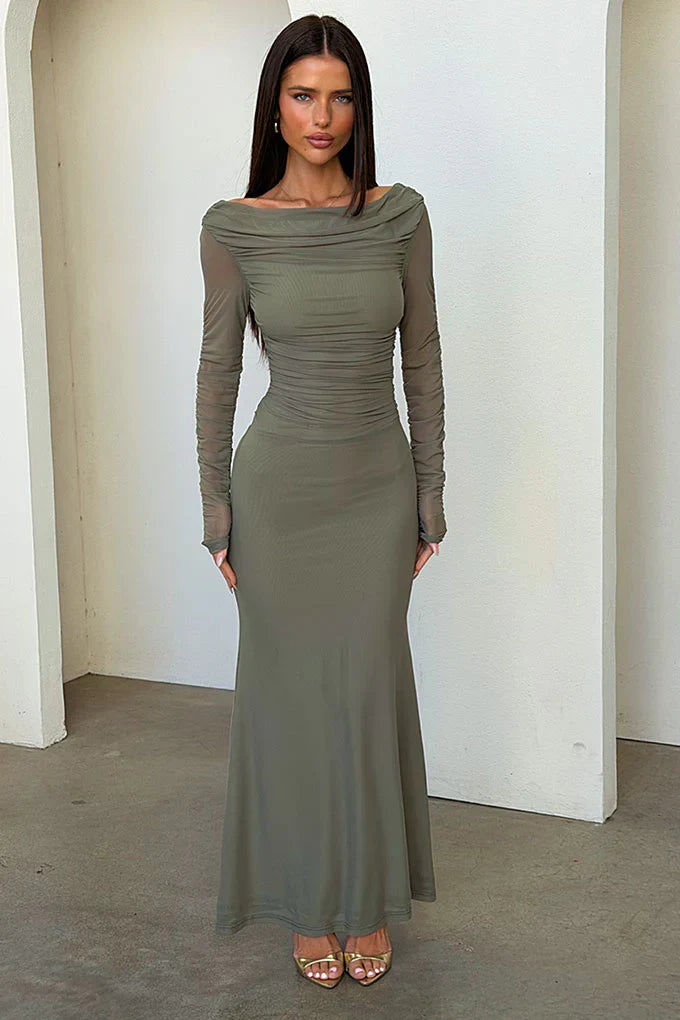 Rowan Long Sleeve Mesh Maxi Dress - Khaki