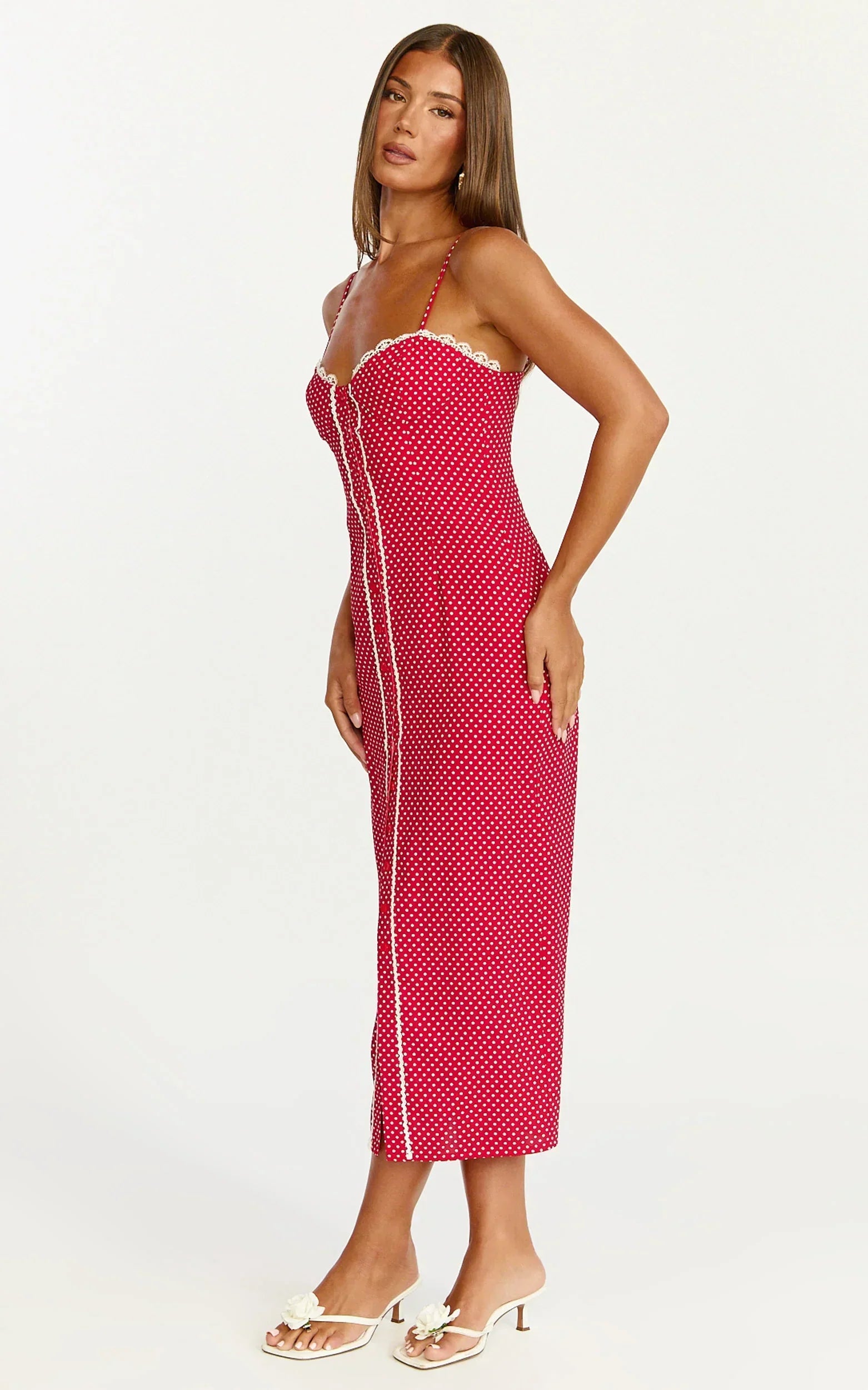 Camille Midi Dress - Button Front Bustier Lace Trim Fitted Dress In Red